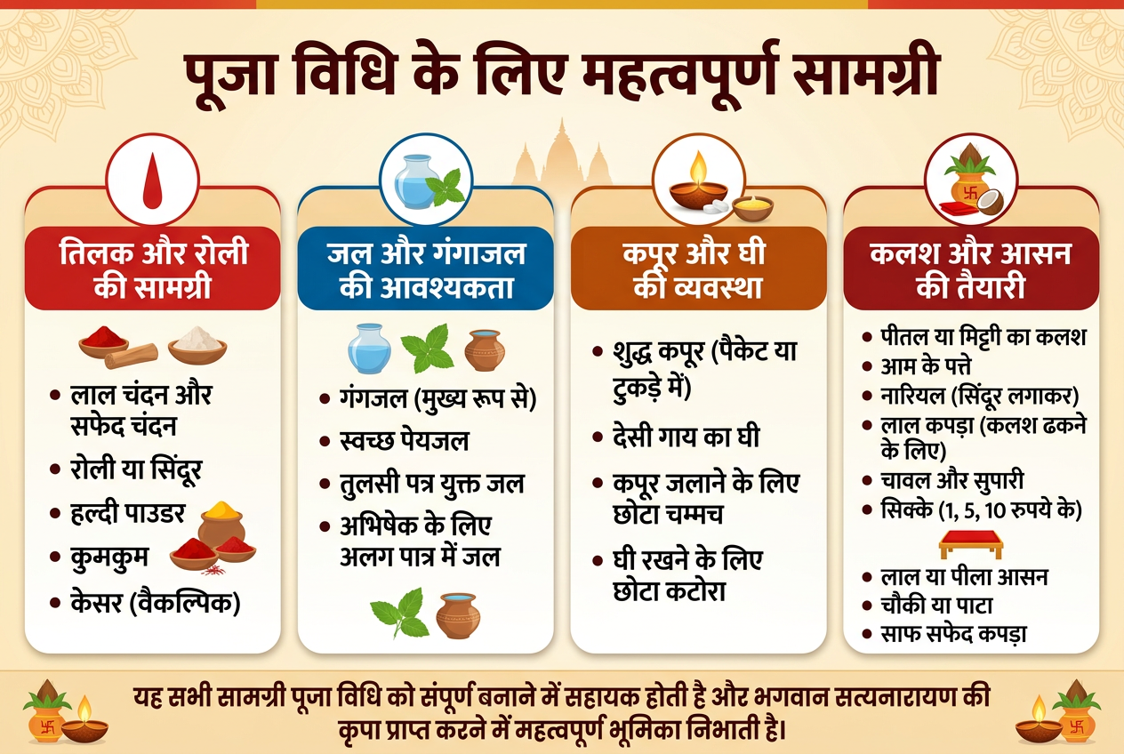 3:2 aspect ratio, full-bleed horizontal infographic, clean professional Hindu पूजा-themed design with warm saffron, red, gold, cream, and soft beige background, subtle decorative mandala and temple motif accents, modern bold Hindi fonts for headings and legible clean Hindi body text.

Top center large bold title in dark maroon: "पूजा विधि के लिए महत्वपूर्ण सामग्री"

Below the title, a wide 4-column layout across the page with clearly separated rounded rectangular sections, each section with a colored header band, a simple flat icon, and bullet-style content.

Section 1 on the far left with a red tilak icon and header: "तिलक और रोली की सामग्री"
Inside this block, show small illustrated items and the text:
- "लाल चंदन और सफेद चंदन"
- "रोली या सिंदूर"
- "हल्दी पाउडर"
- "कुमकुम"
- "केसर (वैकल्पिक)"

Section 2 left-center with a blue water pot and tulsi leaf icon and header: "जल और गंगाजल की आवश्यकता"
Inside this block, show a water vessel, tulsi leaves, and a small abhishek pot, with the text:
- "गंगाजल (मुख्य रूप से)"
- "स्वच्छ पेयजल"
- "तुलसी पत्र युक्त जल"
- "अभिषेक के लिए अलग पात्र में जल"

Section 3 right-center with a glowing diya, kapoor tablet, and ghee bowl icon and header: "कपूर और घी की व्यवस्था"
Inside this block, show a diya flame and the text:
- "शुद्ध कपूर (पैकेट या टुकड़े में)"
- "देसी गाय का घी"
- "कपूर जलाने के लिए छोटा चम्मच"
- "घी रखने के लिए छोटा कटोरा"

Section 4 on the far right with a kalash, coconut, mango leaves, and red cloth icon and header: "कलश और आसन की तैयारी"
Inside this block, show the kalash setup and the text:
- "पीतल या मिट्टी का कलश"
- "आम के पत्ते"
- "नारियल (सिंदूर लगाकर)"
- "लाल कपड़ा (कलश ढकने के लिए)"
- "चावल और सुपारी"
- "सिक्के (1, 5, 10 रुपये के)"
Below this block, a smaller sub-row with an asan/chowki icon and the text:
- "लाल या पीला आसन"
- "चौकी या पाटा"
- "साफ सफेद कपड़ा"

Add a thin bottom banner across the full width with a small diya-and-kalash motif and the concluding sentence in dark brown:
"यह सभी सामग्री पूजा विधि को संपूर्ण बनाने में सहायक होती है और भगवान सत्यनारायण की कृपा प्राप्त करने में महत्वपूर्ण भूमिका निभाती है।"

Use clear visual hierarchy, bold section headers, neat spacing, aligned icons, easy-to-read typography, no photo realism, no characters, no extra text, no frame, no border, no watermark.