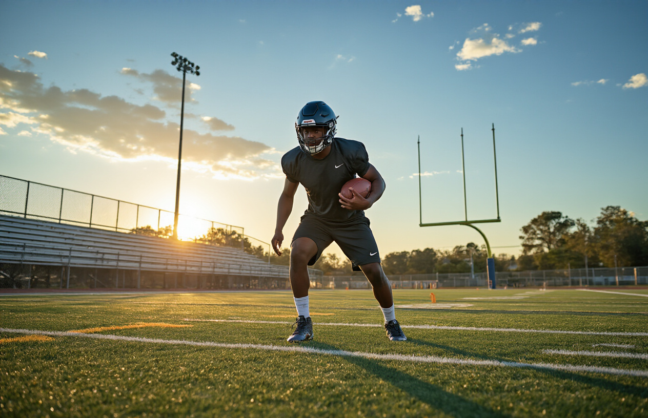 Create a realistic image of a young black male athlete in his teens or early twenties practicing football drills on a high school or college football field, wearing practice gear and helmet, with goalposts and bleachers in the background, captured during golden hour lighting that conveys determination and athletic development, showing the foundational moments of a future professional football career, with grass field markings visible and a focused, training atmosphere, absolutely NO text should be in the scene.
