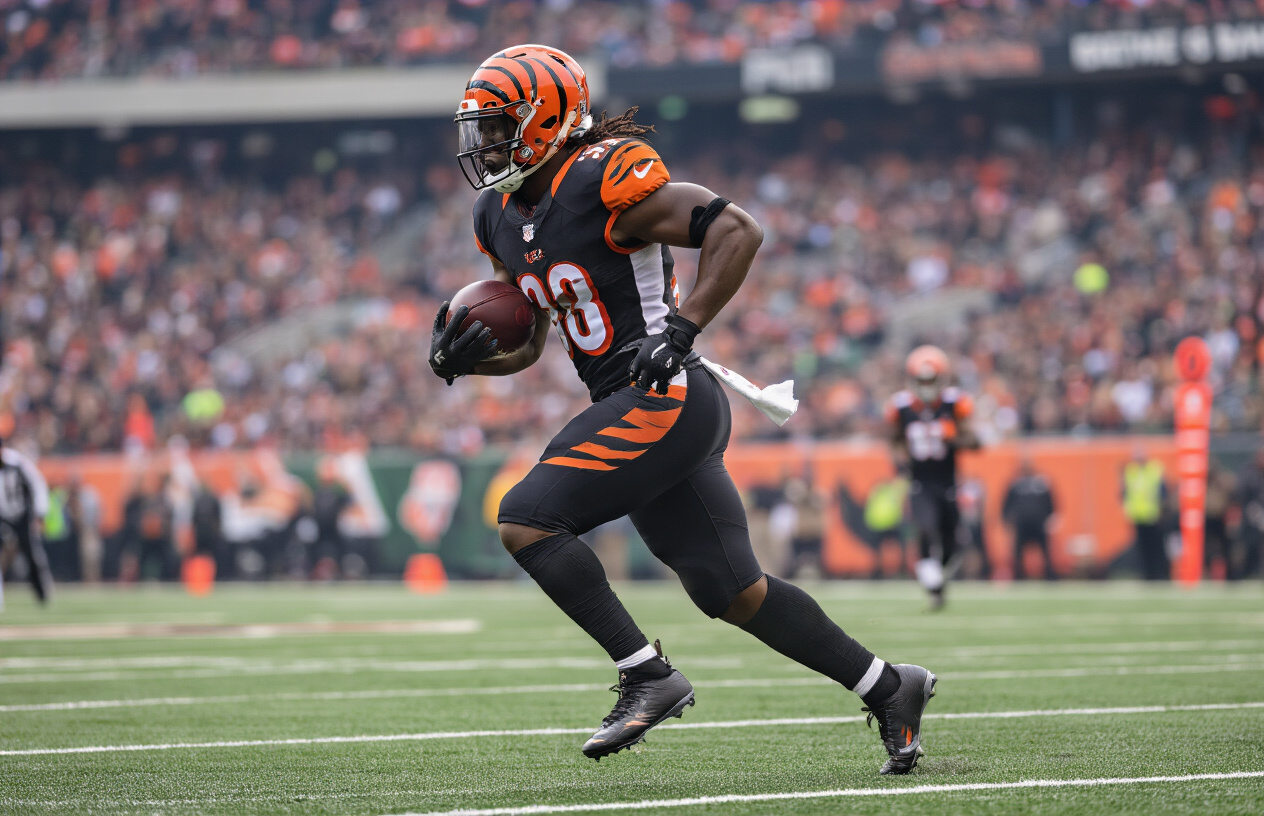 Create a realistic image of a black male NFL running back in a Cincinnati Bengals uniform carrying a football while running on a professional football field, with stadium lights illuminating the scene and blurred crowd in the background, action shot capturing the intensity of professional football, with yard markers visible on the field and the player in mid-stride showing athletic prowess, absolutely NO text should be in the scene.