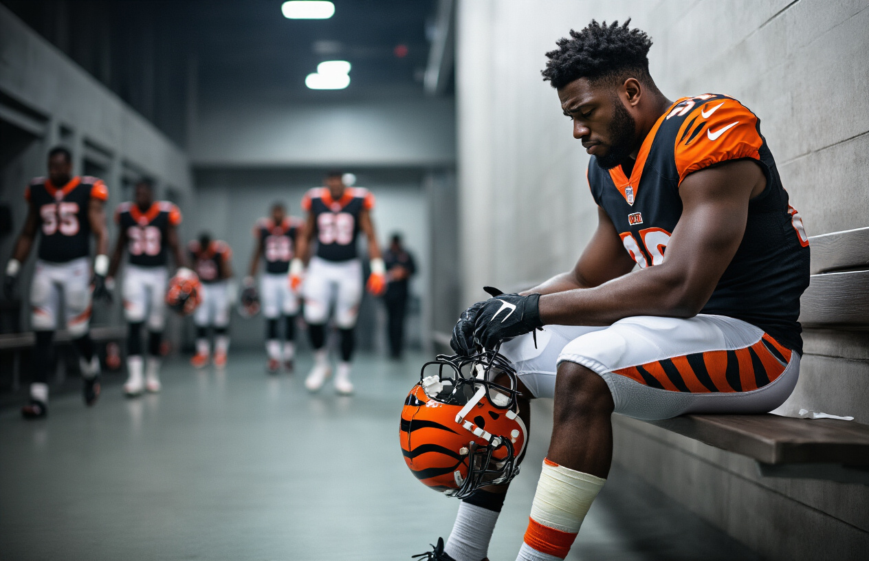 Create a realistic image of a black male football player in a Cincinnati Bengals uniform sitting on a bench looking dejected and frustrated, holding his helmet in his hands, with medical tape or bandages visible on his leg, surrounded by a dimly lit locker room with teammates walking past in the background, conveying a somber and challenging atmosphere of disappointment and adversity, absolutely NO text should be in the scene.