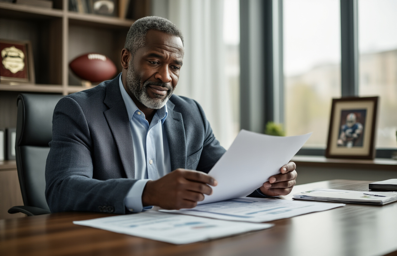 Create a realistic image of a middle-aged black male former professional football player in casual business attire sitting at a modern office desk reviewing documents, with framed football memorabilia and awards visible on shelves in the background, natural lighting streaming through office windows creating a professional yet relaxed atmosphere, showing him engaged in post-retirement business activities, absolutely NO text should be in the scene.