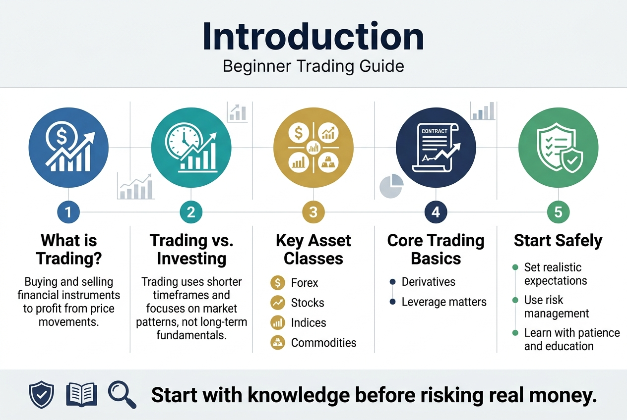 Full-bleed infographic illustration in 3:2 aspect ratio, clean professional finance style, white background with navy blue, teal, gold, and light gray accents, modern sans-serif fonts, strong visual hierarchy.
Top full-width header area:
Large bold title centered: "Introduction"
Smaller subtitle beneath: "Beginner Trading Guide"
Main layout: wide horizontal infographic with 5 evenly spaced content blocks across the center and lower area, using icons and numbered labels, not a vertical poster.
Block 1 on left:
Blue circular icon with a dollar sign and upward chart line.
Number label: "1"
Heading: "What is Trading?"
Body text: "Buying and selling financial instruments to profit from price movements."
Block 2 left-center:
Teal circular icon with a clock and price chart.
Number label: "2"
Heading: "Trading vs. Investing"
Body text: "Trading uses shorter timeframes and focuses on market patterns, not long-term fundamentals."
Block 3 center:
Gold circular icon with four small market symbols.
Number label: "3"
Heading: "Key Asset Classes"
Four short bullet lines with small icons:
"Forex"
"Stocks"
"Indices"
"Commodities"
Block 4 right-center:
Navy circular icon with a layered contract and leverage arrow.
Number label: "4"
Heading: "Core Trading Basics"
Two short bullet lines:
"Derivatives"
"Leverage matters"
Block 5 on right:
Green circular icon with a shield and checklist.
Number label: "5"
Heading: "Start Safely"
Three short bullet lines:
"Set realistic expectations"
"Use risk management"
"Learn with patience and education"
Bottom horizontal banner across full width:
Small icon row showing a shield, book, and magnifying glass.
Bold closing sentence centered:
"Start with knowledge before risking real money."
Use subtle grid lines, minimal charts, and clean spacing. Keep all text crisp and legible. No decorative frame, no narrow centered stack, no clutter.