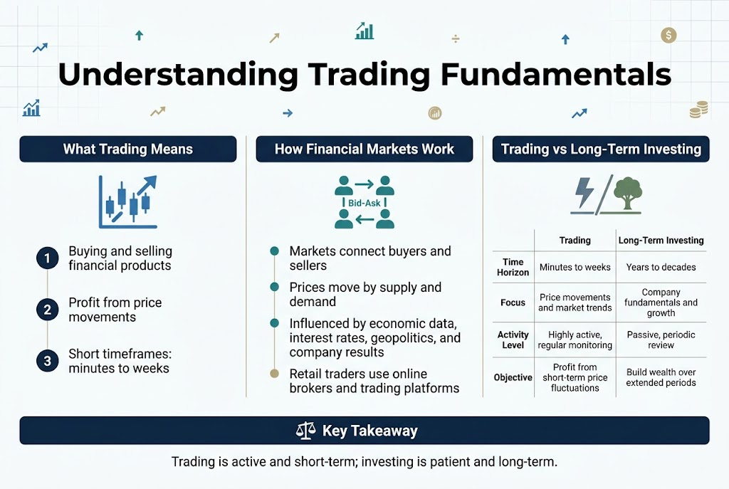 Create a clean, professional infographic in a full-bleed 3:2 landscape layout with a modern finance theme, white background, deep navy headers, teal and blue accent colors, subtle gold highlights, and sans-serif fonts with strong hierarchy.
Top center: bold large title in dark navy, exactly "Understanding Trading Fundamentals".
Below the title, use a wide 3-column layout with clear section blocks and simple flat icons.
Left section block:
Header: "What Trading Means"
Include a blue icon of a candlestick chart with an upward arrow.
Add 3 numbered bullet points with small circular markers:
1. "Buying and selling financial products"
2. "Profit from price movements"
3. "Short timeframes: minutes to weeks"
Center section block:
Header: "How Financial Markets Work"
Include a teal icon of connected buyers and sellers with a bid-ask arrow.
Add 4 bullet points:
1. "Markets connect buyers and sellers"
2. "Prices move by supply and demand"
3. "Influenced by economic data, interest rates, geopolitics, and company results"
4. "Retail traders use online brokers and trading platforms"
Right section block:
Header: "Trading vs Long-Term Investing"
Include a split icon showing a lightning bolt on one side and a tree on the other.
Create a clean comparison table with two columns labeled "Trading" and "Long-Term Investing".
Rows and exact text:
"Time Horizon" | "Minutes to weeks" | "Years to decades"
"Focus" | "Price movements and market trends" | "Company fundamentals and growth"
"Activity Level" | "Highly active, regular monitoring" | "Passive, periodic review"
"Objective" | "Profit from short-term price fluctuations" | "Build wealth over extended periods"
Bottom full-width banner across the page:
Header: "Key Takeaway"
Use a balanced scale icon and a concise summary line:
"Trading is active and short-term; investing is patient and long-term."
Use thin divider lines between sections, subtle chart-grid background accents, and small arrow, graph, and coin symbols. Keep the composition wide, balanced, and easy to scan, with crisp readable text and strong visual hierarchy.