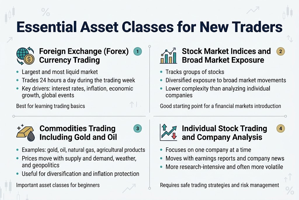 Create a clean, professional full-bleed infographic in a 3:2 aspect ratio with a modern finance style, white background, dark navy headline, teal and gold accent colors, subtle gray dividers, and bold sans-serif typography. Place a large title across the top: "Essential Asset Classes for New Traders". Use a wide horizontal layout with four equal sections arranged in a 2x2 grid across the center and lower half, each with a colored icon, a bold subheading, and 2–3 short bullet points. Add small numbered circles "1", "2", "3", "4" next to each section title.
Section 1 in the upper left: a globe and currency arrows icon, title "Foreign Exchange (Forex) Currency Trading". Include bullets: "Largest and most liquid market", "Trades 24 hours a day during the trading week", "Key drivers: interest rates, inflation, economic growth, global events". Add a small line of text beneath: "Best for learning trading basics".
Section 2 in the upper right: a bar chart / market index icon, title "Stock Market Indices and Broad Market Exposure". Include bullets: "Tracks groups of stocks", "Diversified exposure to broad market movements", "Lower complexity than analyzing individual companies". Add a small line of text beneath: "Good starting point for a financial markets introduction".
Section 3 in the lower left: gold bar and oil drop icon, title "Commodities Trading Including Gold and Oil". Include bullets: "Examples: gold, oil, natural gas, agricultural products", "Prices move with supply and demand, weather, and geopolitics", "Useful for diversification and inflation protection". Add a small line of text beneath: "Important asset classes for beginners".
Section 4 in the lower right: a single company stock chart icon with upward and downward arrows, title "Individual Stock Trading and Company Analysis". Include bullets: "Focuses on one company at a time", "Moves with earnings reports and company news", "More research-intensive and often more volatile". Add a small line of text beneath: "Requires safe trading strategies and risk management".
Use clear visual hierarchy with the title largest, section titles medium-bold, and bullets smaller. Add thin connecting lines or subtle separators between sections. Include small decorative finance symbols like candlesticks, percentage signs, and arrows in the background at very low opacity. Keep the layout spacious, balanced, and easy to read.