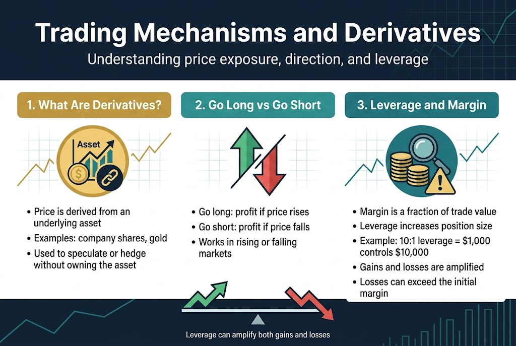 Create a clean professional full-bleed infographic illustration in a 3:2 aspect ratio, with a modern finance style, dark navy and white background, teal and gold accent colors, subtle grid and chart-line motifs, and crisp sans-serif typography.
Top header across the full width:
Large bold title text: "Trading Mechanisms and Derivatives"
Smaller subtitle text beneath: "Understanding price exposure, direction, and leverage"
Main layout: three wide horizontal content blocks arranged left to right across the page, each with a colored header bar, a large icon, and concise bullet points.
Left block:
Header text: "1. What Are Derivatives?"
Icon: a gold circular icon with an asset price chart, a coin, and a linked chain symbol
Bullets:
"• Price is derived from an underlying asset"
"• Examples: company shares, gold"
"• Used to speculate or hedge without owning the asset"
Center block:
Header text: "2. Go Long vs Go Short"
Icon: two opposing arrows, one upward in green and one downward in red
Bullets:
"• Go long: profit if price rises"
"• Go short: profit if price falls"
"• Works in rising or falling markets"
Right block:
Header text: "3. Leverage and Margin"
Icon: stacked coins with a magnifying glass and a warning triangle
Bullets:
"• Margin is a fraction of trade value"
"• Leverage increases position size"
"• Example: 10:1 leverage = $1,000 controls $10,000"
"• Gains and losses are amplified"
"• Losses can exceed the initial margin"
Bottom band spanning the full width:
A simple risk-reward visual with a horizontal balance scale: left side green upward profit arrow, right side red downward loss arrow, plus small caption text centered:
"Leverage can amplify both gains and losses"
Use clear section dividers, strong visual hierarchy, aligned text, and balanced spacing. Keep all text sharp, readable, and correctly spelled. No people, no photo style, no decorative borders, no narrow vertical poster layout.