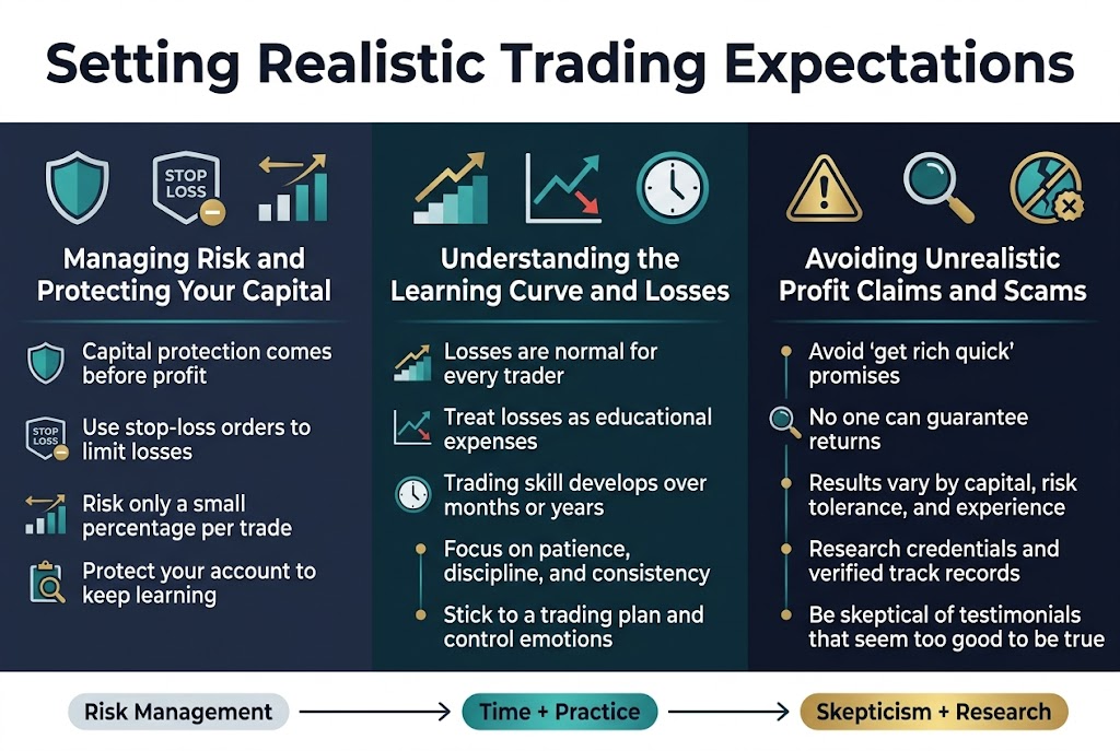 Create a clean, professional full-bleed infographic in a 3:2 landscape aspect ratio about trading expectations. Use a modern dark navy, teal, white, and gold color palette with crisp sans-serif fonts, strong hierarchy, subtle gradients, and flat vector icons. Place a bold headline across the top: "Setting Realistic Trading Expectations".
Arrange the content in three wide horizontal sections across the middle, with icons and short text blocks in each section:
Left section:
Title: "Managing Risk and Protecting Your Capital"
Include a shield icon, a stop-loss order icon, and a position sizing icon.
Text bullets:
"Capital protection comes before profit"
"Use stop-loss orders to limit losses"
"Risk only a small percentage per trade"
"Protect your account to keep learning"
Center section:
Title: "Understanding the Learning Curve and Losses"
Include a staircase growth icon, a chart with a small loss marker icon, and a clock icon.
Text bullets:
"Losses are normal for every trader"
"Treat losses as educational expenses"
"Trading skill develops over months or years"
"Focus on patience, discipline, and consistency"
"Stick to a trading plan and control emotions"
Right section:
Title: "Avoiding Unrealistic Profit Claims and Scams"
Include a warning triangle icon, a magnifying glass icon, and a broken promise / fake offer icon.
Text bullets:
"Avoid 'get rich quick' promises"
"No one can guarantee returns"
"Results vary by capital, risk tolerance, and experience"
"Research credentials and verified track records"
"Be skeptical of testimonials that seem too good to be true"
Add a thin bottom strip with three small callout boxes linked by arrows, reading:
"Risk Management"
"Time + Practice"
"Skepticism + Research"
Use clear section dividers, balanced spacing, and a polished financial education style. Keep all text sharp and legible, aligned left inside each section, with icons placed beside or above each section title. No extra text beyond the phrases specified.