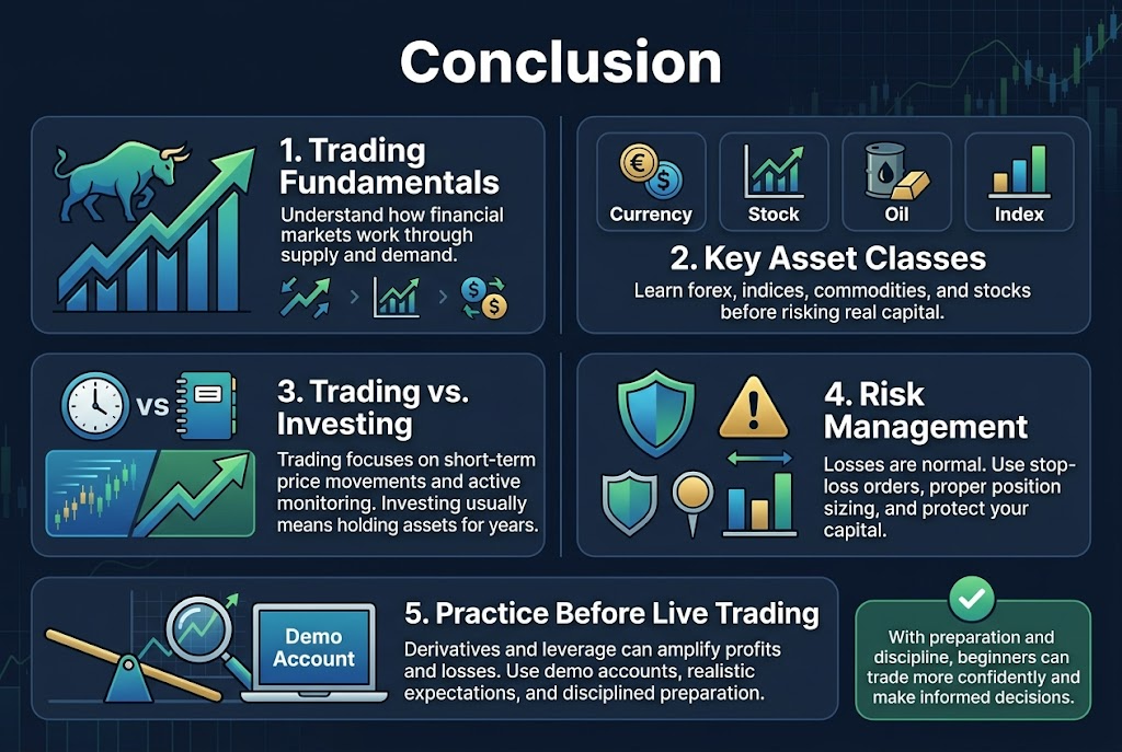 Create a clean, professional full-bleed infographic illustration in aspect ratio 3:2 with a modern finance theme, dark navy background, teal, blue, green, and gold accents, crisp white text, and subtle grid and chart-line textures.
Top center: large bold heading in white text, "Conclusion"
Below the heading, arrange the content in four wide horizontal sections with clear numbered blocks and icons, using a balanced 2-row layout across the page:
1. Left upper block with a bull and rising chart icon:
Text title: "1. Trading Fundamentals"
Body text: "Understand how financial markets work through supply and demand."
Include small icons for arrows, price chart, and market exchange symbols.
2. Upper middle-right block with four asset icons in a row:
Text title: "2. Key Asset Classes"
Body text: "Learn forex, indices, commodities, and stocks before risking real capital."
Show icons for a currency pair, stock chart, oil barrel or gold bar, and a bar-chart index symbol.
3. Left lower block with a clock and notebook icon:
Text title: "3. Trading vs. Investing"
Body text: "Trading focuses on short-term price movements and active monitoring. Investing usually means holding assets for years."
Use a split visual with a fast-moving chart on one side and a long-term upward growth arrow on the other.
4. Lower middle-right block with a shield icon and warning symbol:
Text title: "4. Risk Management"
Body text: "Losses are normal. Use stop-loss orders, proper position sizing, and protect your capital."
Include a shield, stop-loss marker, and balanced position-size bars.
5. Wide bottom banner across the full width with a leverage and demo account visual:
Text title: "5. Practice Before Live Trading"
Body text: "Derivatives and leverage can amplify profits and losses. Use demo accounts, realistic expectations, and disciplined preparation."
Show a lever, magnifying glass over a chart, and a laptop screen labeled "Demo Account".
Bottom right corner: small concluding callout in a green rounded box with a checkmark icon:
Text: "With preparation and discipline, beginners can trade more confidently and make informed decisions."
Use bold sans-serif typography, strong visual hierarchy, clear section dividers, rounded cards, clean spacing, and infographic-style icons. Keep all text sharp, legible, and exactly as written.