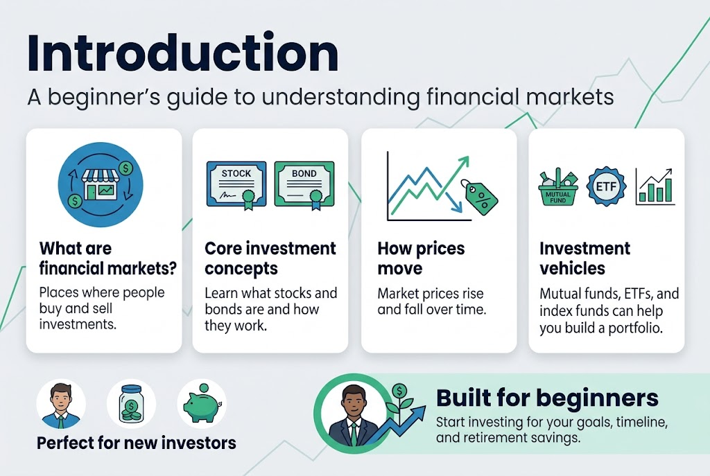 Create a clean, professional financial education infographic in a 3:2 aspect ratio, full-bleed layout with no border frame, using a wide horizontal composition with multiple sections across the page. Use a modern sans-serif font, bold navy title, teal and green accents, light gray background, subtle chart lines, and clear visual hierarchy.

Top across the full width: large bold heading in dark navy text: "Introduction". Under the heading, a smaller subtitle in gray text: "A beginner’s guide to understanding financial markets".

Main body arranged in four wide horizontal blocks or columns with rounded cards:

1) Left block with a blue circular icon of a marketplace with arrows and currency symbols. Title text: "What are financial markets?" Body text: "Places where people buy and sell investments."

2) Next block with two side-by-side icons: a stock certificate and a bond certificate. Title text: "Core investment concepts" Body text: "Learn what stocks and bonds are and how they work."

3) Next block with a line chart icon showing up and down movement, plus a small price tag icon. Title text: "How prices move" Body text: "Market prices rise and fall over time."

4) Right block with three small icons in a row: a mutual fund basket, an ETF badge, and an index fund chart. Title text: "Investment vehicles" Body text: "Mutual funds, ETFs, and index funds can help you build a portfolio."

Along the bottom, a wide highlighted banner with a confident person icon and a growing plant or upward arrow. Bold text: "Built for beginners" Smaller text beneath: "Start investing for your goals, timeline, and retirement savings."

Include a slim audience strip near the lower left or lower center with three small icons: a young professional, a savings jar, and a retirement piggy bank. Text: "Perfect for new investors"

Use balanced spacing, clear section dividers, and simple flat vector illustrations with polished corporate styling. Keep the composition airy, readable, and infographic-like with strong contrast and clean alignment.