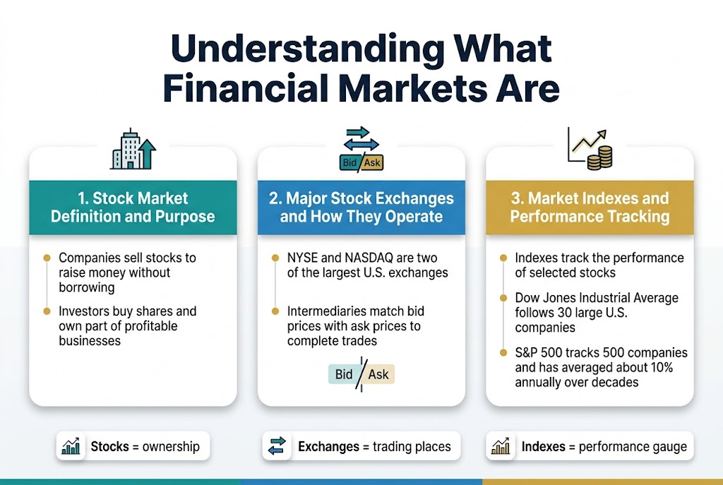 Create a clean professional infographic in a 3:2 aspect ratio with a full-bleed layout and a white background with navy, teal, and gold accents. Place a bold headline across the top center in large dark navy sans-serif text: "Understanding What Financial Markets Are". Use a wide horizontal layout with three equal sections arranged left to right, each in a rounded rectangular block with subtle shadow and colored header bars.

SECTION 1 on the left: title in a teal header bar, white text: "1. Stock Market Definition and Purpose". Add a simple icon of a building and upward arrow above the text. Include two short bullet points with small gold dots:
"Companies sell stocks to raise money without borrowing"
"Investors buy shares and own part of profitable businesses"

SECTION 2 in the center: title in a blue header bar, white text: "2. Major Stock Exchanges and How They Operate". Add a simple icon of a trading floor with arrows and a matching bid/ask symbol. Include two short bullet points:
"NYSE and NASDAQ are two of the largest U.S. exchanges"
"Intermediaries match bid prices with ask prices to complete trades"
Add a small bid/ask visual near the bottom of this section with labels:
"Bid"
"Ask"

SECTION 3 on the right: title in a gold header bar, dark navy text: "3. Market Indexes and Performance Tracking". Add a simple icon of a line chart and stacked coins. Include three short bullet points:
"Indexes track the performance of selected stocks"
"Dow Jones Industrial Average follows 30 large U.S. companies"
"S&P 500 tracks 500 companies and has averaged about 10% annually over decades"

Add a bottom horizontal strip spanning the full width with three small stat cards or markers, each with an icon and label:
"Stocks = ownership"
"Exchanges = trading places"
"Indexes = performance gauge"

Use modern sans-serif typography, clear hierarchy, ample spacing, crisp vector style, minimal decorative elements, and strong visual clarity. Keep all text legible and exactly as written.