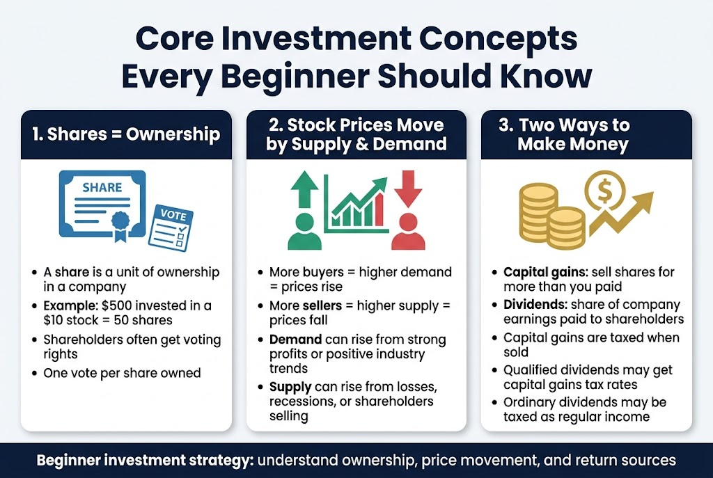 Create a clean, professional full-bleed infographic in a 3:2 landscape aspect ratio with a white background, navy blue and teal accents, and gold highlight details. Use modern sans-serif fonts with a bold title at the top center in dark navy.

Top heading text:
"Core Investment Concepts Every Beginner Should Know"

Below the title, arrange three wide horizontal sections across the page with clear visual separation, each in a rounded rectangle panel with subtle shadows. Use a 3-column or 3-block layout spanning the width, not a narrow vertical stack.

Section 1 on the left:
Large blue icon of a share certificate and a small voting ballot.
Section heading:
"1. Shares = Ownership"
Body text:
"• A share is a unit of ownership in a company"
"• Example: $500 invested in a $10 stock = 50 shares"
"• Shareholders often get voting rights"
"• One vote per share owned"

Section 2 in the center:
Large green and red icon showing a price chart with arrows up and down, plus buyers and sellers.
Section heading:
"2. Stock Prices Move by Supply & Demand"
Body text:
"• More buyers = higher demand = prices rise"
"• More sellers = higher supply = prices fall"
"• Demand can rise from strong profits or positive industry trends"
"• Supply can rise from losses, recessions, or shareholders selling"

Section 3 on the right:
Large gold icon showing a coin stack, dividend payout symbol, and a rising arrow for gains.
Section heading:
"3. Two Ways to Make Money"
Body text:
"• Capital gains: sell shares for more than you paid"
"• Dividends: share of company earnings paid to shareholders"
"• Capital gains are taxed when sold"
"• Qualified dividends may get capital gains tax rates"
"• Ordinary dividends may be taxed as regular income"

Add a thin bottom banner with a simple key takeaway in a darker navy strip:
"Beginner investment strategy: understand ownership, price movement, and return sources"

Use clear visual hierarchy, bold numbered section labels, simple flat vector icons, balanced spacing, and readable text. Keep all text sharp and legible, with no extra decorative elements, no photo realism, and no inset poster frame.