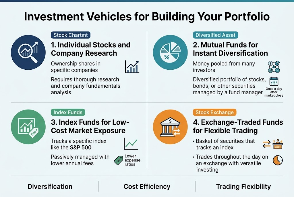 Create a clean, professional full-bleed infographic in a 3:2 aspect ratio with a light white background, navy blue and teal color palette, subtle gray dividers, and modern sans-serif typography. Place a bold top heading centered across the upper third: "Investment Vehicles for Building Your Portfolio". 

Below the title, arrange four wide horizontal content blocks in a 2x2 grid across the full width of the canvas, with clear spacing and thin divider lines. Use a distinct icon at the left of each block, a colored label bar, and short explanatory text beneath each subheading.

Top left block: a dark blue circular icon with a magnifying glass over a stock chart. Subheading in bold: "1. Individual Stocks and Company Research". Body text: "Ownership shares in specific companies" and "Requires thorough research and company fundamentals analysis". Add a small upward-trending line chart graphic beside the text.

Top right block: a teal circular icon with a diversified basket or mixed asset pie symbol. Subheading in bold: "2. Mutual Funds for Instant Diversification". Body text: "Money pooled from many investors" and "Diversified portfolio of stocks, bonds, or other securities managed by a fund manager". Add small multiple asset icons grouped together and a calendar symbol with "Once a day after market close".

Bottom left block: a green circular icon with an index chart and low-cost tag. Subheading in bold: "3. Index Funds for Low-Cost Market Exposure". Body text: "Tracks a specific index like the S&P 500" and "Passively managed with lower annual fees". Add a simple benchmark line chart and a small fee tag icon labeled "Lower expense ratios".

Bottom right block: an orange circular icon with a stock exchange building and trading arrows. Subheading in bold: "4. Exchange-Traded Funds for Flexible Trading". Body text: "Basket of securities that tracks an index" and "Trades throughout the day on an exchange with versatile investing". Add a bidirectional arrow and a tiny exchange floor icon, plus a small fee label and trading clock symbol.

Include a thin footer strip across the bottom with three compact comparison phrases separated by vertical dividers: "Diversification", "Cost Efficiency", "Trading Flexibility". Use crisp alignment, balanced whitespace, and clear visual hierarchy. No borders outside the full canvas.