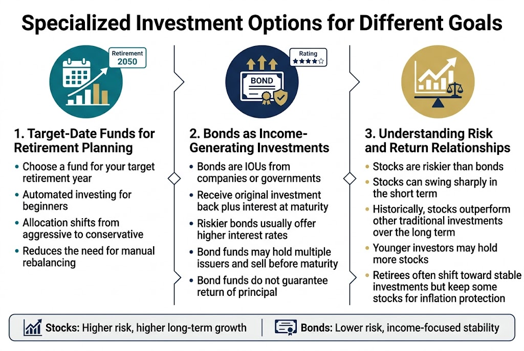 Create a full-bleed professional infographic in 3:2 aspect ratio with a clean modern finance style, white background, deep navy and teal accents, subtle gold highlights, and bold sans-serif typography. Place a large bold title across the top: "Specialized Investment Options for Different Goals". Use a wide horizontal layout with three side-by-side content blocks across the page, each with a large numbered circle icon and a simple illustrative graphic.

Left block: a teal circular icon with a calendar and rising/falling allocation bars. Heading: "1. Target-Date Funds for Retirement Planning". Below, short bullet-style text:
"Choose a fund for your target retirement year"
"Automated investing for beginners"
"Allocation shifts from aggressive to conservative"
"Reduces the need for manual rebalancing"
Add a small label inside the graphic: "Retirement 2050".

Center block: a navy circular icon with a bond certificate, interest arrows, and a small shield. Heading: "2. Bonds as Income-Generating Investments". Below, short bullet-style text:
"Bonds are IOUs from companies or governments"
"Receive original investment back plus interest at maturity"
"Riskier bonds usually offer higher interest rates"
"Bond funds may hold multiple issuers and sell before maturity"
"Bond funds do not guarantee return of principal"
Include a small rating badge cluster near the icon.

Right block: a gold circular icon with a stock chart, upward arrow, and balance scale. Heading: "3. Understanding Risk and Return Relationships". Below, short bullet-style text:
"Stocks are riskier than bonds"
"Stocks can swing sharply in the short term"
"Historically, stocks outperform other traditional investments over the long term"
"Younger investors may hold more stocks"
"Retirees often shift toward stable investments but keep some stocks for inflation protection"

At the bottom, add a wide horizontal comparison strip with two labeled mini-areas: on the left "Stocks: Higher risk, higher long-term growth" with a jagged upward line chart icon; on the right "Bonds: Lower risk, income-focused stability" with a steady coupon/interest icon. Use clear spacing, strong hierarchy, crisp infographic icons, and simple geometric dividers between sections.