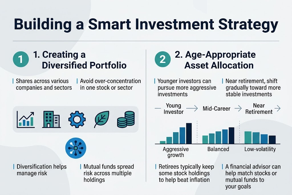 Create a clean professional finance infographic in a 3:2 aspect ratio, full-bleed layout with no frame, using a modern sans-serif font, dark navy text, teal and blue accents, and subtle light-gray background shapes. Place a bold large title across the top: "Building a Smart Investment Strategy". 

Use a wide two-section horizontal layout beneath the title, with clear visual hierarchy and numbered blocks.

Left section: "1. Creating a Diversified Portfolio"
- Show a wide horizontal row of 4–5 varied investment icons: a stock chart, a building, a gear, a leaf, and a coin stack.
- Include a blue circular icon with multiple connected dots to suggest diversification.
- Add short bullet-style text blocks:
  - "Shares across various companies and sectors"
  - "Avoid over-concentration in one stock or sector"
  - "Diversification helps manage risk"
  - "Mutual funds spread risk across multiple holdings"

Right section: "2. Age-Appropriate Asset Allocation"
- Show a horizontal age timeline from younger to retirement with three stages: "Young Investor", "Mid-Career", "Near Retirement".
- Use a rising-to-stable asset mix graphic: aggressive growth bars on the left, balanced bars in the middle, and more stable low-volatility bars on the right.
- Add short bullet-style text blocks:
  - "Younger investors can pursue more aggressive investments"
  - "Near retirement, shift gradually toward more stable investments"
  - "Retirees typically keep some stock holdings to help beat inflation"
  - "A financial advisor can help match stocks or mutual funds to your goals"

Use numbered badges "1" and "2" in teal circles at the start of each section. Include clean thin divider lines between sections, ample white space, and a polished corporate infographic style.