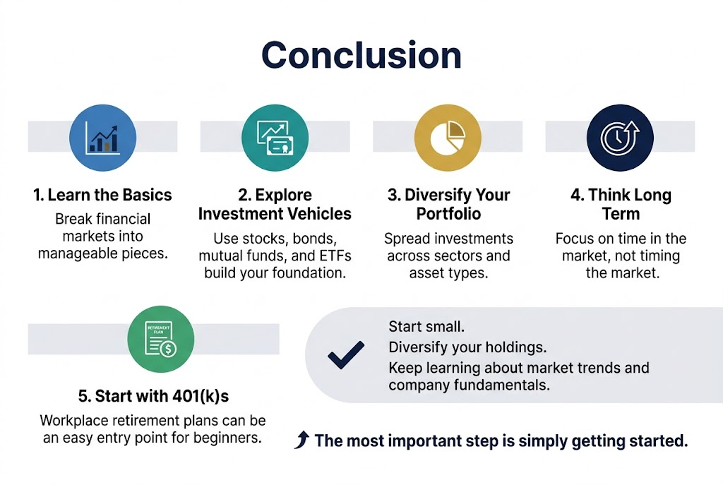 Create a clean, professional full-bleed infographic in a 3:2 aspect ratio with a wide horizontal layout, modern flat design, white background with deep navy, teal, gold, and soft gray accents, and crisp sans-serif typography.

Top center: large bold heading in dark navy text: "Conclusion"

Below the heading, arrange five wide horizontal content blocks across the page in a balanced multi-column layout with clear spacing, each block featuring a numbered circle icon and a simple visual symbol.

Block 1 on upper left: blue circle with a small market chart icon, heading text "1. Learn the Basics", body text "Break financial markets into manageable pieces."

Block 2 on upper middle-left: teal circle with a stock and bond icon, heading text "2. Explore Investment Vehicles", body text "Use stocks, bonds, mutual funds, and ETFs to build your foundation."

Block 3 on upper middle-right: gold circle with a portfolio pie chart icon, heading text "3. Diversify Your Portfolio", body text "Spread investments across sectors and asset types."

Block 4 on upper right: navy circle with a clock and upward arrow icon, heading text "4. Think Long Term", body text "Focus on time in the market, not timing the market."

Block 5 across the lower left: green circle with a retirement plan icon, heading text "5. Start with 401(k)s", body text "Workplace retirement plans can be an easy entry point for beginners."

Across the lower center and right, add a wide highlighted callout band with a subtle light gray background and a bold checkmark icon, containing three short stacked lines of text:
"Start small."
"Diversify your holdings."
"Keep learning about market trends and company fundamentals."

Bottom right, add a final bold emphasis line in dark navy with a small upward arrow icon:
"The most important step is simply getting started."

Use strong visual hierarchy, clear section dividers, ample whitespace, and aligned text blocks. Keep the layout wide and uncluttered, with no inset frame and no vertical poster stack.