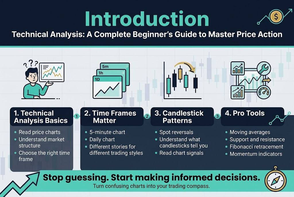 Create a clean, modern full-bleed infographic in a 3:2 landscape aspect ratio with a dark navy, teal, white, and gold trading-themed color palette, crisp sans-serif fonts, high contrast, and professional financial-chart styling. Use a wide horizontal layout with no frame, no inset border, and no narrow vertical stack.
Top across the full width: large bold heading in white and teal text, exact text: "Introduction" and beneath it smaller subtitle: "Technical Analysis: A Complete Beginner's Guide to Master Price Action". Add a subtle background of translucent candlestick chart lines and grid.
Main body in 4 wide horizontal sections or blocks with numbered labels and icons, arranged left to right or in two rows of two:
1. Left block: icon of a confused beginner with a chart and squiggly lines, exact text: "1. Technical Analysis Basics" and bullet text: "Read price charts", "Understand market structure", "Choose the right time frame".
2. Second block: icon of stacked chart timeframes labeled 5m, 1h, 1D, exact text: "2. Time Frames Matter" and bullet text: "5-minute chart", "Daily chart", "Different stories for different trading styles".
3. Third block: icon of candlesticks with a highlighted reversal arrow, exact text: "3. Candlestick Patterns" and bullet text: "Spot reversals", "Understand what candlesticks tell you", "Read chart signals".
4. Right block: icon cluster of trading tools on a chart, exact text: "4. Pro Tools" and bullet text: "Moving averages", "Support and resistance", "Fibonacci retracement", "Momentum indicators".
Along the bottom, a wide highlighted conclusion strip with an upward arrow and compass icon, exact text: "Stop guessing. Start making informed decisions." and smaller text: "Turn confusing charts into your trading compass."
Use clean section dividers, small numbered circles, chart-line accents, and simple financial icons. Keep all text sharp, legible, and minimal, with strong visual hierarchy and balanced spacing across the wide canvas.