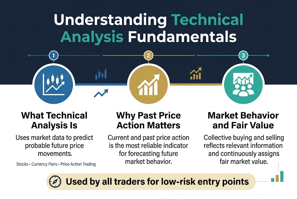 Create a clean, professional full-bleed infographic in a 3:2 landscape layout with a modern financial design, deep navy and white background, teal and gold accent colors, crisp sans-serif typography, and strong visual hierarchy.
Top center: large bold heading in white and teal text: "Understanding Technical Analysis Fundamentals"
Below the heading, arrange the content in three wide horizontal sections across the page, not a vertical stack.
Left section: a blue circular icon with a candlestick chart and trend line. Title in bold: "What Technical Analysis Is". Body text: "Uses market data to predict probable future price movements." Add small subtitle text beneath: "Stocks • Currency Pairs • Price Action Trading"
Center section: a gold circular icon with an upward arrow over a chart. Title in bold: "Why Past Price Action Matters". Body text: "Current and past price action is the most reliable indicator for forecasting future market behavior."
Right section: a teal circular icon with a group of people and price chart. Title in bold: "Market Behavior and Fair Value". Body text: "Collective buying and selling reflects relevant information and continuously assigns fair market value."
Along the bottom, add a wide highlighted banner with a small compass or entry-point icon and bold text: "Used by all traders for low-risk entry points"
Include clean numbered markers 1, 2, 3 above each section, subtle connecting lines between the sections, and small chart/arrow visual accents. Use balanced spacing, sharp vector-style shapes, and no inset frame or poster border.