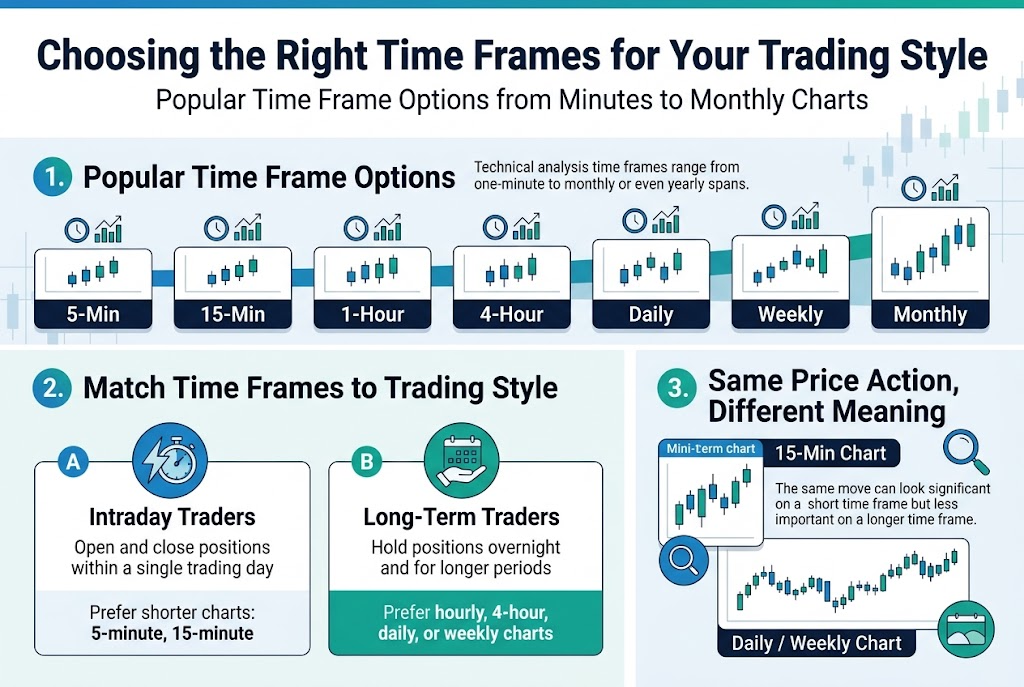 Create a clean professional widescreen infographic illustration in a 3:2 aspect ratio with a full-bleed layout, no frame, no inset margins, and a modern finance aesthetic in blue, teal, white, and dark navy.
Top header spanning the full width:
Large bold title text: "Choosing the Right Time Frames for Your Trading Style"
Subtitle below in smaller text: "Popular Time Frame Options from Minutes to Monthly Charts"
Main body in three wide horizontal sections with clear visual hierarchy:
Left section:
Heading text: "1. Popular Time Frame Options"
Show a horizontal progression of chart cards or timeline blocks with small candlestick chart icons labeled: "5-Min", "15-Min", "1-Hour", "4-Hour", "Daily", "Weekly", "Monthly"
Use small clock and chart icons above the labels
Include a short caption in a compact text block: "Technical analysis time frames range from one-minute to monthly or even yearly spans."
Center section:
Heading text: "2. Match Time Frames to Trading Style"
Split into two side-by-side blocks:
Block A on the left with a blue icon of a lightning bolt and a stopwatch, label: "Intraday Traders"
Text below: "Open and close positions within a single trading day"
Text below that: "Prefer shorter charts: 5-minute, 15-minute"
Block B on the right with a green icon of a calendar and a holding hand, label: "Long-Term Traders"
Text below: "Hold positions overnight and for longer periods"
Text below that: "Prefer hourly, 4-hour, daily, or weekly charts"
Right section:
Heading text: "3. Same Price Action, Different Meaning"
Show two stacked or side-by-side mini chart panels using the same price movement:
Top mini chart labeled: "15-Min Chart"
Bottom mini chart labeled: "Daily / Weekly Chart"
Add a comparison caption between or below them: "The same move can look significant on a short time frame but less important on a longer time frame."
Use a magnifying glass icon near the short-term chart and a broader horizon or calendar icon near the long-term chart
Design details:
Use bold sans-serif fonts for headings, clean readable sans-serif for body text, strong contrast, subtle grid and candlestick motifs in the background, neat alignment, ample spacing, and clear section dividers. Add small numbered badges "1", "2", and "3" in colored circles next to each section heading. Keep all text exact and legible.