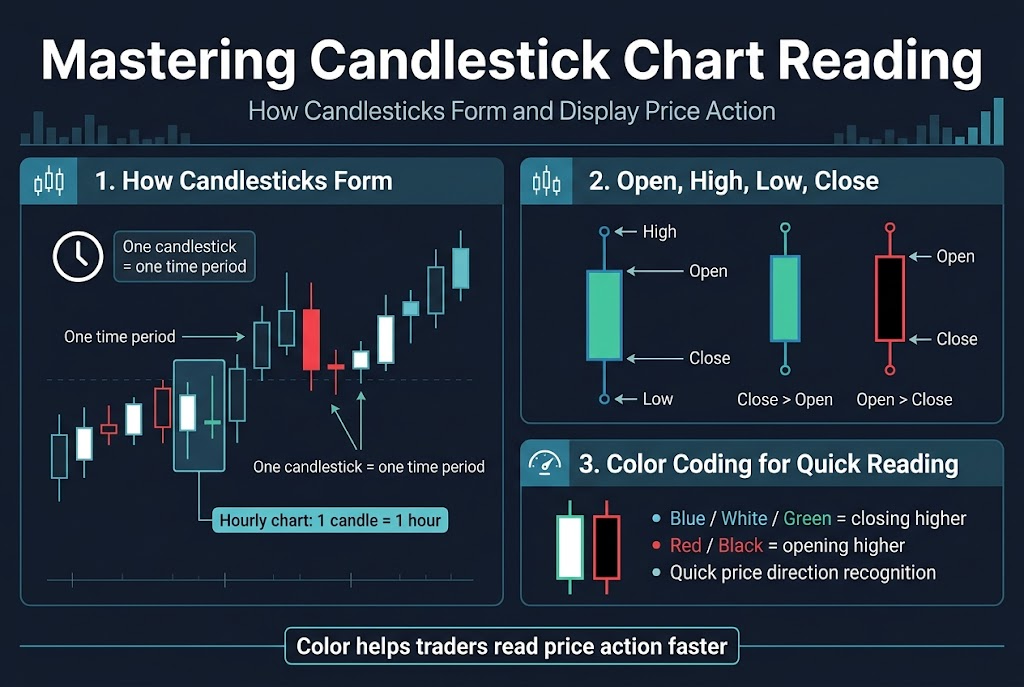 Create a full-bleed professional infographic in a 3:2 aspect ratio with a modern finance/market aesthetic, dark navy background, white text, teal and blue accents, and red highlights for bearish candles. Use clean sans-serif fonts with strong hierarchy.
Top header across the full width:
Large bold title text: "Mastering Candlestick Chart Reading"
Small subtitle beneath: "How Candlesticks Form and Display Price Action"
Below the header, divide the layout into three wide horizontal sections or three side-by-side panels with clear numbering and icons.
Section 1 on the left:
Heading text: "1. How Candlesticks Form"
Show a simplified candlestick chart timeline with several candles, each candle labeled as one time period. Include a clock icon and small label: "One candlestick = one time period"
Add a highlighted hourly example with label: "Hourly chart: 1 candle = 1 hour"
Use thin arrows pointing to a single candlestick and its time period.
Section 2 in the center:
Heading text: "2. Open, High, Low, Close"
Show one enlarged candlestick diagram with labeled markers:
Top wick labeled "High"
Bottom wick labeled "Low"
Top of body labeled "Open"
Bottom of body labeled "Close"
Include two example candles side by side:
A green or blue bullish candle with label: "Close > Open"
A red or black bearish candle with label: "Open > Close"
Use clear arrows and small circle markers for each price point.
Section 3 on the right:
Heading text: "3. Color Coding for Quick Reading"
Show a simple pair of candles with a green/blue bullish candle and a red bearish candle.
Add short bullet-style labels:
"Blue / White / Green = closing higher"
"Red / Black = opening higher"
"Quick price direction recognition"
Include a small speedometer or eye icon for fast chart reading.
Add a bottom strip spanning the width with a concise summary callout in a highlighted box:
"Color helps traders read price action faster"
Use subtle gridlines, chart-like accents, and balanced spacing. Keep the composition wide and organized, with no narrow centered stack. Ensure all text is crisp, legible, and exactly as written.