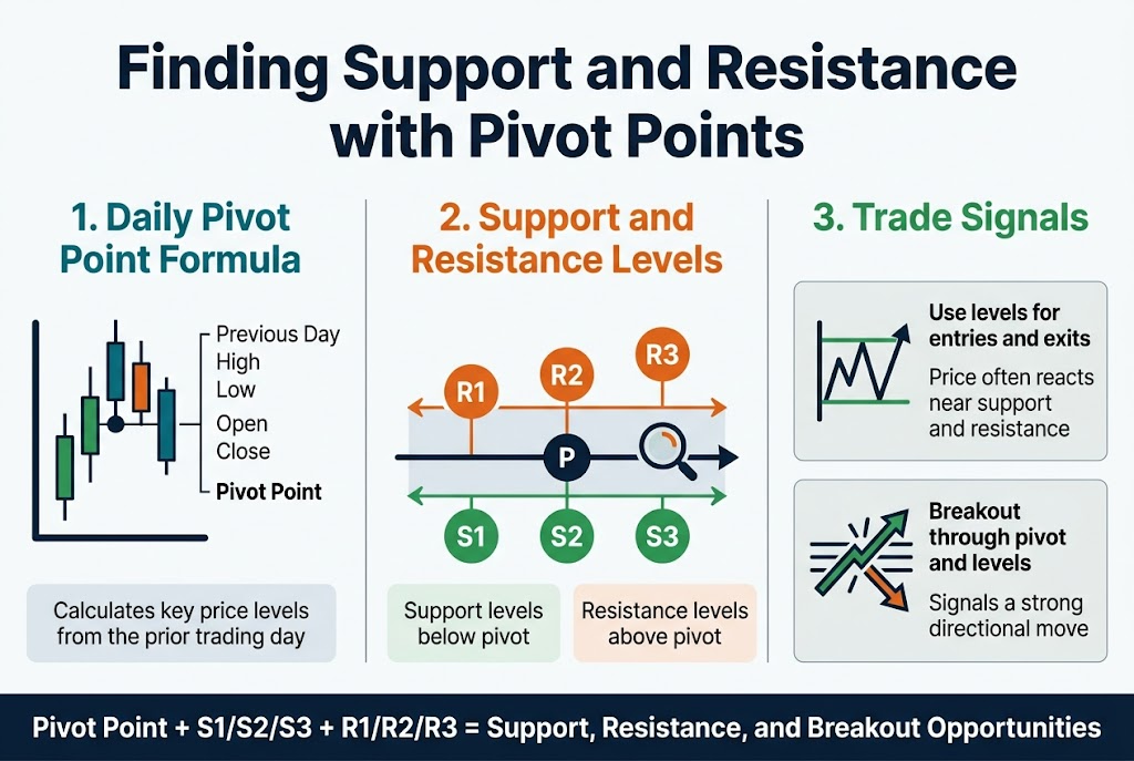 Aspect ratio 3:2, full-bleed professional financial infographic in a clean modern style, white background with deep navy, teal, orange, and green accents, crisp sans-serif typography.
Top center: large bold title in dark navy, exact text: "Finding Support and Resistance with Pivot Points"
Below title, wide horizontal layout divided into 3 main sections with subtle vertical separators:
Left section:
Header in teal bold text: "1. Daily Pivot Point Formula"
A simple candlestick price chart icon with a central pivot marker, plus a small formula block showing exact text:
"Previous Day"
"High"
"Low"
"Open"
"Close"
"Pivot Point"
Under it, a compact label box with exact text:
"Calculates key price levels from the prior trading day"
Center section:
Header in orange bold text: "2. Support and Resistance Levels"
A central horizontal price line graphic with one pivot point in the middle labeled "P"
Three support levels below in green circles labeled "S1", "S2", "S3"
Three resistance levels above in orange circles labeled "R1", "R2", "R3"
Add small arrows and a range channel around the levels, with a subtle magnifying glass or target icon near the pivot.
Include two short text blocks:
"Support levels below pivot"
"Resistance levels above pivot"
Right section:
Header in green bold text: "3. Trade Signals"
Split into two stacked mini-panels:
Top panel: range trading icon with sideways price movement and exact text:
"Use levels for entries and exits"
"Price often reacts near support and resistance"
Bottom panel: breakout icon with a sharp upward or downward arrow breaking through multiple lines and exact text:
"Breakout through pivot and levels"
"Signals a strong directional move"
Bottom band across the full width with a clean summary strip, dark navy background with white text:
"Pivot Point + S1/S2/S3 + R1/R2/R3 = Support, Resistance, and Breakout Opportunities"
Use clear visual hierarchy, icon-based markers, balanced spacing, sharp vector shapes, no photo realism, no borders around the whole image, no centered narrow poster layout, strong infographic composition, readable labels only.