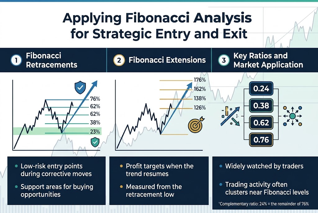 Create a clean, professional full-bleed infographic in landscape 3:2 aspect ratio with a modern trading/finance aesthetic in navy, teal, white, and gold accents. Use a bold sans-serif title across the top: "Applying Fibonacci Analysis for Strategic Entry and Exit". Place a subtle stock chart line and Fibonacci grid as a background motif.
Arrange the infographic in three wide horizontal sections with clear visual hierarchy and icons:
LEFT SECTION: "1. Fibonacci Retracements"
Include a rising price chart with a pullback and horizontal retracement lines labeled "23%", "38%", "62%", and "76%". Add a blue upward trend arrow and a small shield/check icon near the retracement zone. Include short supporting text: "Low-risk entry points during corrective moves" and "Support areas for buying opportunities". Use a green highlight on the retracement support band.
CENTER SECTION: "2. Fibonacci Extensions"
Show the same chart continuing upward from the retracement low with projected extension target lines labeled "126%", "138%", "162%", and "176%". Add a gold target/bullseye icon beside the price projection. Include short supporting text: "Profit targets when the trend resumes" and "Measured from the retracement low". Use orange and gold accents for the extension targets.
RIGHT SECTION: "3. Key Ratios and Market Application"
Display a vertical stack of four ratio badges with clear labels: "0.24", "0.38", "0.62", "0.76". Add a small market activity icon cluster with arrows and trading dots around the ratios. Include short supporting text: "Widely watched by traders" and "Trading activity often clusters near Fibonacci levels". Add a small note line: "Complementary ratio: 24% = the remainder of 76%".
Use crisp white text on dark blue panels, with thin dividing lines between sections. Include small numbered circles "1", "2", and "3" at the start of each section heading. Keep the layout balanced, wide, and easy to read, with no narrow centered stack.