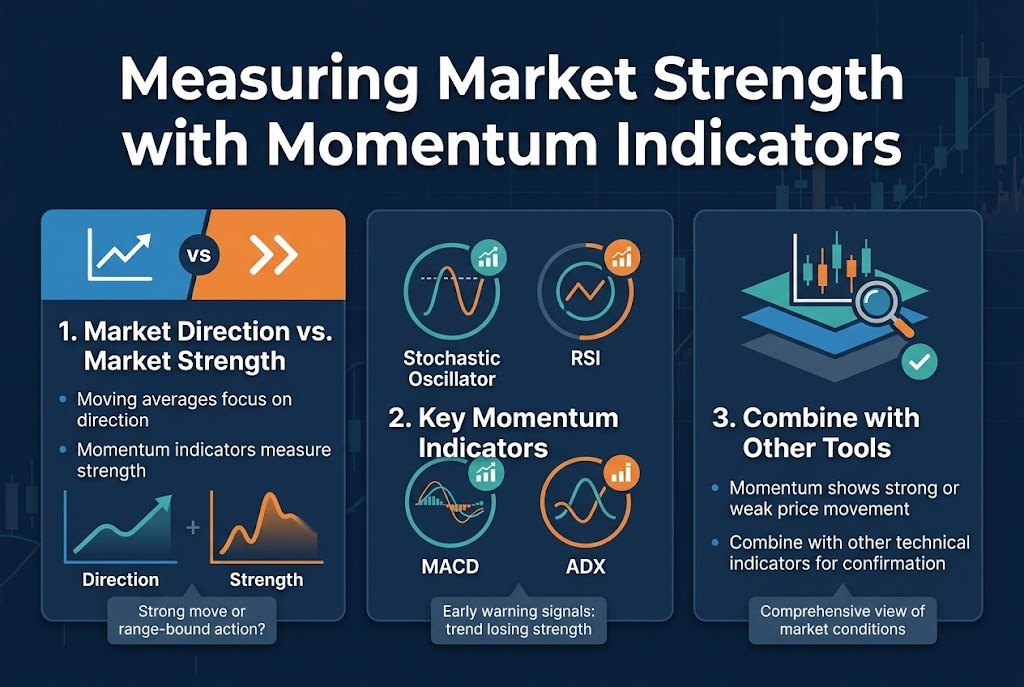 Create a clean, professional 3:2 landscape infographic with a full-bleed layout and a modern finance style. Use a deep navy background with white text, teal and orange accents, subtle grid/chart lines, and crisp sans-serif fonts. Place a bold headline across the top center in large white text: "Measuring Market Strength with Momentum Indicators".
Below the heading, arrange three wide horizontal sections across the page in a balanced multi-column layout, not a vertical stack.
Left section: a blue and orange split-panel with a simple line chart icon and arrow symbols. Add the subheading in bold: "1. Market Direction vs. Market Strength". Include two short bullet lines:
"Moving averages focus on direction"
"Momentum indicators measure strength"
Add a visual contrast graphic: a smooth upward trend line labeled "Direction" beside a thick rising/fading pulse line labeled "Strength", plus a small note box: "Strong move or range-bound action?"
Center section: a grouped set of four circular indicator icons in a 2x2 grid with small chart badges. Add the subheading in bold: "2. Key Momentum Indicators". Under each icon, place the exact labels:
"Stochastic Oscillator"
"RSI"
"MACD"
"ADX"
Include a small caption ribbon beneath them: "Early warning signals: trend losing strength"
Right section: a layered strategy diagram with a candlestick chart icon, a magnifying glass, and a checkmark. Add the subheading in bold: "3. Combine with Other Tools". Include two concise lines:
"Momentum shows strong or weak price movement"
"Combine with other technical indicators for confirmation"
Add a small callout box at the bottom: "Comprehensive view of market conditions"
Use clear section dividers, subtle shadows, and color-coded icons. Make the hierarchy obvious: large title at top, bold numbered subheads, then short supporting text. Keep all text sharp and readable, with ample spacing and a polished infographic composition.