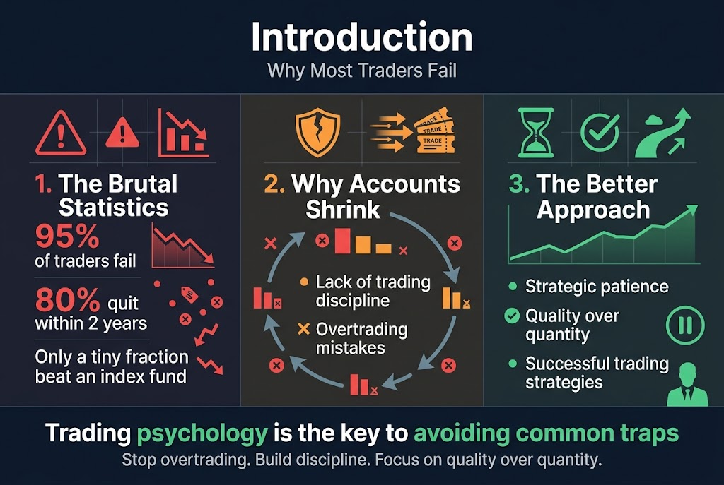 Create a clean, professional infographic illustration in a 3:2 aspect ratio, full-bleed layout, wide horizontal composition, no frame, no inset margins, no narrow centered stack. Use a dark navy-to-charcoal background with bright accent colors: red for danger/loss, orange for warning, teal/green for discipline and strategy, white for main text. Use modern sans-serif fonts with strong hierarchy.

Top band across the full width:
Large bold heading centered at the top: "Introduction"
Subtitle directly below in smaller text: "Why Most Traders Fail"

Main body arranged in three wide horizontal sections or three equal columns across the page, each with a bold numbered label, an icon, and short text blocks.

Left section:
A red warning triangle icon and a downward stock chart icon.
Bold heading: "1. The Brutal Statistics"
Include three large statistic callouts:
"95% of traders fail"
"80% quit within 2 years"
"Only a tiny fraction beat an index fund"
Add a small red falling line chart and scattered red loss symbols.

Center section:
A cracked shield icon and an overtrading icon showing multiple rapid arrows or stacked trade tickets.
Bold heading: "2. Why Accounts Shrink"
Include two bullet points:
"Lack of trading discipline"
"Overtrading mistakes"
Add a visual loop of arrows forming a cycle around the text, with small red X marks and shrinking account balance bars.

Right section:
A green hourglass icon, a checkmark, and a calm upward path icon.
Bold heading: "3. The Better Approach"
Include three bullet points:
"Strategic patience"
"Quality over quantity"
"Successful trading strategies"
Add a steady upward line chart in green, a pause symbol, and a calm trader silhouette.

Bottom strip spanning the full width:
A bold concluding line in white with green emphasis:
"Trading psychology is the key to avoiding common traps"
Below it, a smaller final line:
"Stop overtrading. Build discipline. Focus on quality over quantity."

Use subtle grid lines, clean spacing, balanced alignment, and strong visual separation between sections. Add small accent icons beside each bullet point. Ensure all text is crisp, readable, and exactly as written.