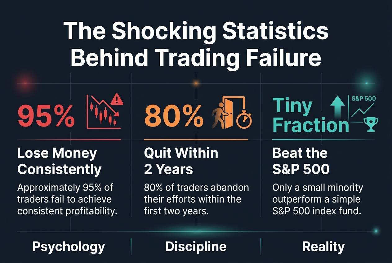 Create a full-bleed 3:2 horizontal infographic in a clean, modern finance style with a dark navy background, white text, red warning accents, and teal highlight accents. Use bold sans-serif typography with a strong visual hierarchy.

Top center: large bold title in white: "The Shocking Statistics Behind Trading Failure"

Below the title, arrange three wide horizontal sections across the canvas in a 3-column layout, each with a large number, a short heading, a supporting sentence, and a matching icon.

Left section:
- Large red number: "95%"
- Heading: "Lose Money Consistently"
- Body text: "Approximately 95% of traders fail to achieve consistent profitability."
- Icon: a red downward-trending candlestick chart with a warning triangle.

Center section:
- Large orange number: "80%"
- Heading: "Quit Within 2 Years"
- Body text: "80% of traders abandon their efforts within the first two years."
- Icon: an orange exit door with a fading trader silhouette and a stopwatch.

Right section:
- Large teal number: "Tiny Fraction"
- Heading: "Beat the S&P 500"
- Body text: "Only a small minority outperform a simple S&P 500 index fund."
- Icon: a teal upward arrow beside a simple line chart labeled "S&P 500" and a small trophy.

Add a bottom wide strip with three short callout phrases separated by thin vertical dividers:
"Psychology"
"Discipline"
"Reality"

Use subtle grid lines, soft glow accents, and clean spacing. Keep the layout balanced, wide, and easy to scan, with all sections aligned horizontally and no vertical poster frame.