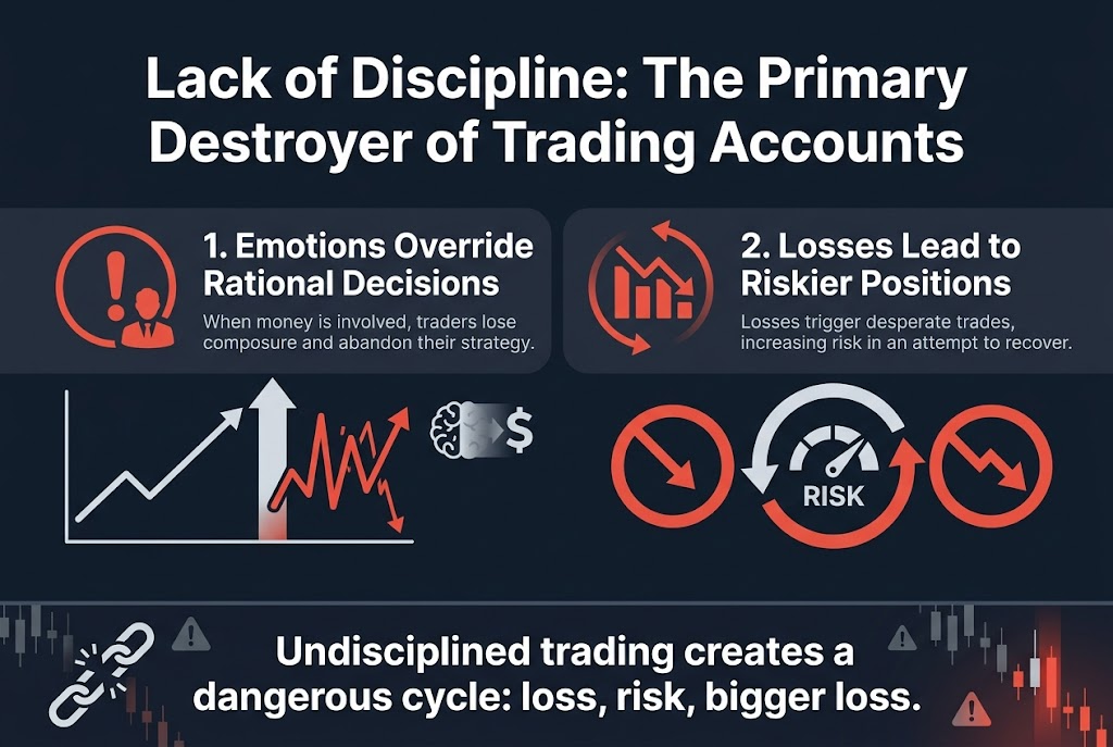 Create a full-bleed 3:2 landscape infographic illustration with a clean, professional finance theme, dark navy background, white and light-gray text, and red/orange warning accents. Use bold sans-serif typography with a clear visual hierarchy.

Top center: large bold heading in white text: "Lack of Discipline: The Primary Destroyer of Trading Accounts"

Below the heading, use two wide horizontal sections side by side across the middle of the layout, not a vertical stack.

Left section:
- A red circular warning icon with an exclamation mark and a small trader silhouette
- Section title in bold white text: "1. Emotions Override Rational Decisions"
- Short body text in smaller light-gray text: "When money is involved, traders lose composure and abandon their strategy."
- Visual element: a split path graphic showing a calm upward line on one side and a chaotic zigzag red line on the other, with a brain icon fading into a dollar sign

Right section:
- A red downward-trend icon with a falling chart and looping arrows
- Section title in bold white text: "2. Losses Lead to Riskier Positions"
- Short body text in smaller light-gray text: "Losses trigger desperate trades, increasing risk in an attempt to recover."
- Visual element: a cycle diagram with a red downward arrow, then a larger risk gauge or leveraged trade icon, then another larger red loss arrow, forming a repeating loop

Bottom wide banner across the full width:
- Bold white text: "Undisciplined trading creates a dangerous cycle: loss, risk, bigger loss."
- Add small warning triangle icons and a broken chain symbol
- Include a subtle chart background with falling candlesticks and red highlights

Use strong contrast, crisp infographic icons, balanced spacing, and a modern financial dashboard style. Keep all text exactly as shown.
