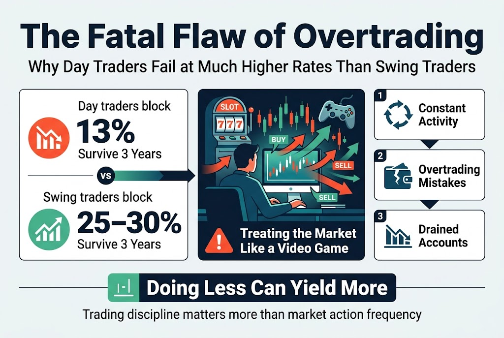 Full-bleed clean professional infographic illustration in a wide 3:2 aspect ratio, modern editorial style, dark navy and teal color palette with orange-red warning accents, crisp white background panels, bold sans-serif typography, high visual hierarchy.

Top across the full width: large bold heading in dark navy text, exact title: "The Fatal Flaw of Overtrading" with a smaller subtitle beneath it: "Why Day Traders Fail at Much Higher Rates Than Swing Traders"

Main layout in three horizontal sections or columns across the center:

Left section: a comparison panel with two large percentage stats and icons.
- Day traders block: a red downward chart icon and large text: "13%" with smaller text: "Survive 3 Years"
- Swing traders block: a green upward chart icon and large text: "25–30%" with smaller text: "Survive 3 Years"
- Between them, a clear “vs” marker and an arrow or bar indicating the survival gap.

Center section: a visual warning scene of a trader at a glowing monitor with multiple rapid buy/sell arrows, slot-machine or game-controller imagery mixed with stock candles, showing frantic activity. Add a red alert icon and a bold label: "Treating the Market Like a Video Game"

Right section: a step-by-step damage flow in three numbered blocks with icons.
1. "Constant Activity" with a fast spinning arrows icon
2. "Overtrading Mistakes" with a broken account / cracked wallet icon
3. "Drained Accounts" with a sinking balance graph icon

Bottom band spanning the width: a concluding statement in a highlighted banner with a calm green accent and a minimal discipline icon:
"Doing Less Can Yield More"
Smaller supporting text below in clear readable type: "Trading discipline matters more than market action frequency"

Use clean section dividers, strong contrast, ample spacing, professional data-infographic composition, no decorative frame, no inset margins, no vertical poster layout, no extra text.