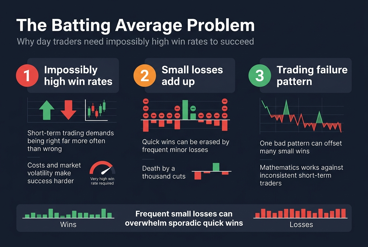 Create a clean, professional full-bleed infographic illustration in a 3:2 aspect ratio with a dark navy background, white and light gray text, and accent colors of red, orange, and green. Use a modern sans-serif font with a bold title at the top left and a wide horizontal layout, not a narrow poster.

Top section:
Large bold heading in white: "The Batting Average Problem"
Smaller subtitle beneath in light gray: "Why day traders need impossibly high win rates to succeed"

Main body in three wide horizontal sections across the center:

Left section, labeled with a large white number "1" inside a red circle:
Title in bold white: "Impossibly high win rates"
Show a line of small trading icons: a green up arrow, red down arrow, and a small candlestick chart.
Include short text in light gray:
"Short-term trading demands being right far more often than wrong"
"Costs and market volatility make success harder"
Add a small gauge or meter icon nearly maxed out in red, with a tiny label: "Very high win rate required"

Center section, labeled with a large white number "2" inside an orange circle:
Title in bold white: "Small losses add up"
Show a stacked sequence of many small red minus icons or red downward bars surrounding a few green profit bars.
Include short text in light gray:
"Quick wins can be erased by frequent minor losses"
"Death by a thousand cuts"
Add a simple horizontal balance scale or bar chart showing red losses slightly outweighing green gains.

Right section, labeled with a large white number "3" inside a green circle:
Title in bold white: "Trading failure pattern"
Show a simplified chart with a steep downward trend line, a few green spikes, and many red dips.
Include short text in light gray:
"One bad pattern can offset many small wins"
"Mathematics works against inconsistent short-term traders"

Bottom strip across the full width:
A wide comparison bar with two clusters:
Left cluster: several small green bars labeled "Wins"
Right cluster: many small red bars labeled "Losses"
Center label in bold white: "Frequent small losses can overwhelm sporadic quick wins"

Use crisp vector-style shapes, subtle grid lines, and clear spacing. Place all text inside clean blocks with high contrast. No borders or frame around the overall design.