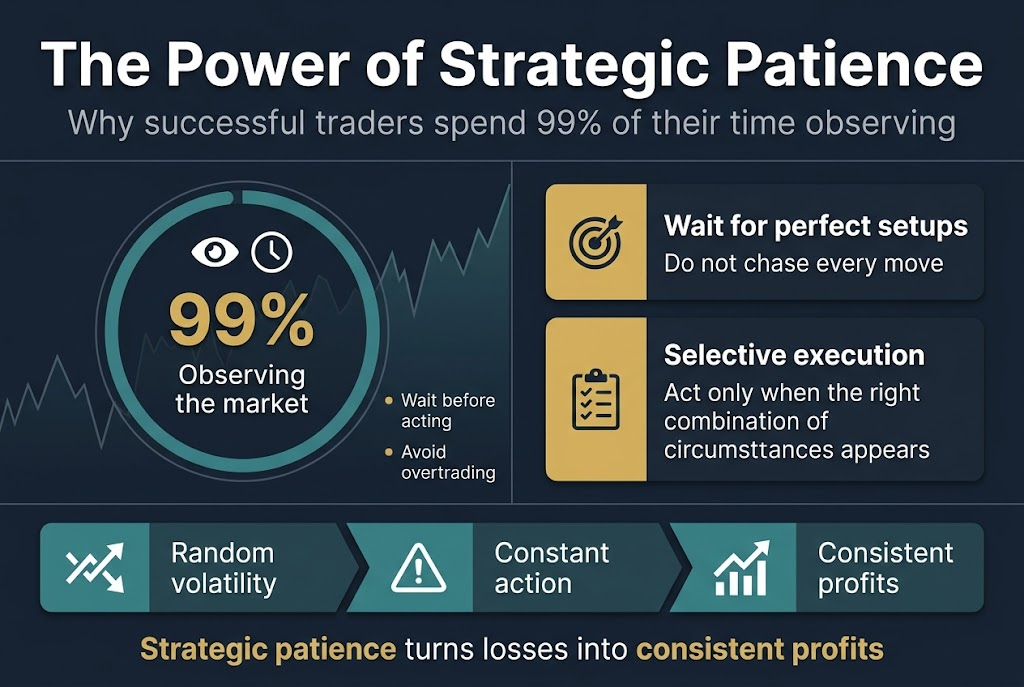 Create a clean, professional full-bleed infographic in 3:2 landscape aspect ratio, with a dark navy background, teal and gold accent colors, crisp white text, and modern sans-serif fonts.

Top across the full width: a bold large heading in white text:
"The Power of Strategic Patience"

Directly under the heading, a smaller subtitle in light gray:
"Why successful traders spend 99% of their time observing"

Main layout: a wide two-column design with balanced spacing, no centered vertical stack.

Left section: a large circular or dashboard-style visual with an eye icon and a clock icon, surrounded by a subtle market chart line. Include a large highlighted number:
"99%"
and beneath it in medium text:
"Observing the market"
Add two short bullet points with small dot markers:
"Wait before acting"
"Avoid overtrading"

Right section: a clean two-step block with a target icon and a checklist icon, using gold accent boxes.
Step 1 heading in bold:
"Wait for perfect setups"
Body text below:
"Do not chase every move"
Step 2 heading in bold:
"Selective execution"
Body text below:
"Act only when the right combination of circumstances appears"

Bottom wide band spanning the full width: a horizontal cause-and-effect strip with three connected blocks and icons:
Block 1 with a volatile zigzag arrow icon and text:
"Random volatility"
Block 2 with a warning triangle icon and text:
"Constant action"
Block 3 with an upward trending chart icon and text:
"Consistent profits"

Add a short concluding line centered in the bottom band in bright white with gold emphasis on key words:
"Strategic patience turns losses into consistent profits"

Use clean section dividers, subtle shadows, and a polished financial infographic style. Keep all text sharp, legible, and aligned within the wide horizontal composition.