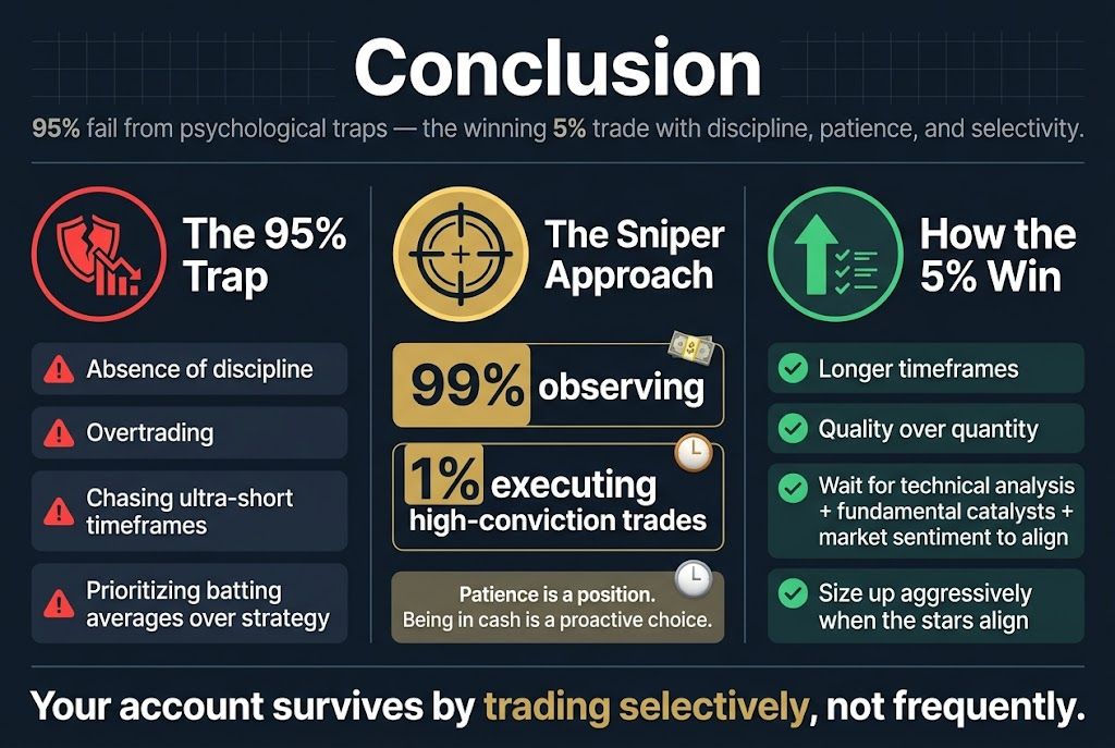Full-bleed professional infographic illustration in 3:2 aspect ratio, clean modern finance style, dark navy background with teal, gold, white, and red accents, bold sans-serif typography, high contrast, wide horizontal layout with three main sections across the page, no inset frame.

Top header spanning full width: large bold title text in white, "Conclusion". Under it, a smaller subtitle line in light gray: "95% fail from psychological traps — the winning 5% trade with discipline, patience, and selectivity."

Left section: a large red circular icon with a broken shield and downward chart, headline text in white, "The 95% Trap", followed by four short stacked bullet blocks with small red warning icons:
"Absence of discipline"
"Overtrading"
"Chasing ultra-short timeframes"
"Prioritizing batting averages over strategy"

Center section: a large gold circular icon with a sniper scope and crosshair, headline text in white, "The Sniper Approach", with two bold callout blocks beneath:
"99% observing"
"1% executing high-conviction trades"
Add a smaller horizontal note bar in gray-gold: "Patience is a position. Being in cash is a proactive choice."

Right section: a large green circular icon with an upward arrow and aligned checklist, headline text in white, "How the 5% Win", with four concise stacked bullet blocks and matching green check icons:
"Longer timeframes"
"Quality over quantity"
"Wait for technical analysis + fundamental catalysts + market sentiment to align"
"Size up aggressively when the stars align"

Bottom band across the full width: a bold concluding statement in white and gold, "Your account survives by trading selectively, not frequently." Add a small cash icon and a clock icon near the phrase "being in cash" and "waiting" to reinforce patience. Use clear section dividers, subtle grid texture, polished infographic composition, strong visual hierarchy, crisp readable text, and balanced spacing across the wide canvas.