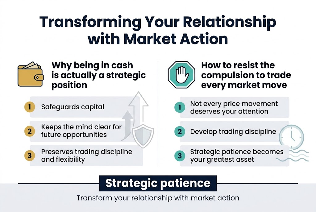 Aspect ratio 3:2, full-bleed clean professional finance infographic, modern flat vector style, white background with navy, teal, gold, and soft gray accents, bold sans-serif typography.

Top center: large bold heading in dark navy text: "Transforming Your Relationship with Market Action"

Below the heading, use a wide two-column layout with clear section blocks and icons.

Left column:
A gold cash wallet icon at the top of the section.
Section title in bold navy text: "Why being in cash is actually a strategic position"
Under it, three numbered points in short stacked blocks with small circular number markers:
1. "Safeguards capital"
2. "Keeps the mind clear for future opportunities"
3. "Preserves trading discipline and flexibility"
Add a subtle upward-arrow and shield motif beside the section.

Right column:
A teal stop-hand icon or pause icon at the top of the section.
Section title in bold navy text: "How to resist the compulsion to trade every market move"
Under it, three numbered points in short stacked blocks with small circular number markers:
1. "Not every price movement deserves your attention"
2. "Develop trading discipline"
3. "Strategic patience becomes your greatest asset"
Add a subtle clock and calm wave motif beside the section.

Bottom full-width banner across the page with a highlighted statement in white text on a dark navy bar:
"Strategic patience"
Smaller supporting text beneath in lighter gray:
"Transform your relationship with market action"

Use clear hierarchy, generous spacing, sharp alignment, and infographic icons with simple line art and minimal shadows. No frame, no poster border, no centered vertical stack.
