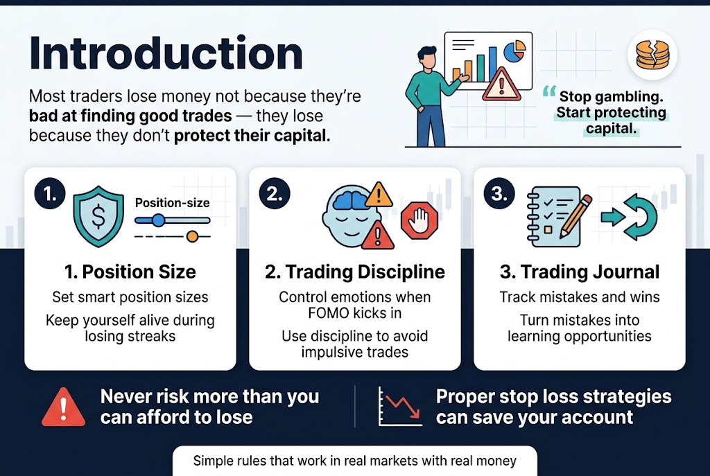 Create a clean, professional infographic illustration in a 3:2 aspect ratio, full-bleed layout with no border, using a wide horizontal composition and clear visual hierarchy. Use modern sans-serif fonts, bold title text, dark navy and white base colors with teal, blue, orange, and red accents.

Top left: large bold heading text: "Introduction"

Below the heading, place a short opening statement in a readable text block:
"Most traders lose money not because they're bad at finding good trades — they lose because they don't protect their capital."

On the top right, add a simple visual of a trader standing beside a portfolio chart with a warning sign, and a small cracked coin stack icon. Include a highlighted quote-style callout:
"Stop gambling. Start protecting capital."

Center section: three wide horizontal panels or cards arranged left to right, each with a numbered circle and an icon.

Card 1 on the left: a shield icon with a dollar sign and a position-size slider graphic.
Title text: "1. Position Size"
Body text:
"Set smart position sizes"
"Keep yourself alive during losing streaks"

Card 2 in the center: a calm face or brain icon with a FOMO warning symbol and a stop hand.
Title text: "2. Trading Discipline"
Body text:
"Control emotions when FOMO kicks in"
"Use discipline to avoid impulsive trades"

Card 3 on the right: a notebook icon with a pencil, checklist, and arrow turning mistakes into lessons.
Title text: "3. Trading Journal"
Body text:
"Track mistakes and wins"
"Turn mistakes into learning opportunities"

Bottom band across the width: include two strong rule callouts with icons.
Left callout with a red warning triangle icon:
"Never risk more than you can afford to lose"

Right callout with a stop loss line-chart icon:
"Proper stop loss strategies can save your account"

Add a small closing line in a clean banner at the bottom center:
"Simple rules that work in real markets with real money"

Use strong contrast, clean spacing, subtle grid or chart background elements, and polished infographic styling. Keep all text crisp and legible.