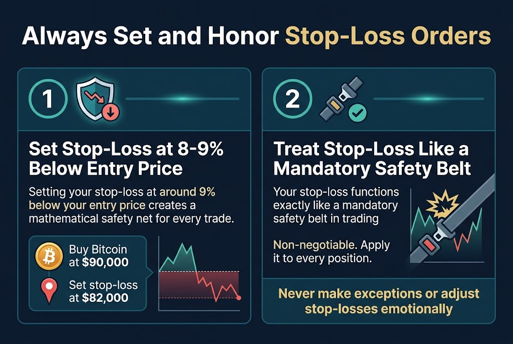 Create a clean, modern financial infographic illustration in a 3:2 aspect ratio, full-bleed layout with no frame, no border, and a wide horizontal composition. Use a dark navy background with teal, white, and gold accents. Use bold sans-serif typography with strong hierarchy. Place a large title across the top: "Always Set and Honor Stop-Loss Orders".

Arrange the content in two wide horizontal sections beneath the title, each in its own clear block with subtle dividers.

Left section:
- Large numbered circle icon "1" beside a shield icon with a small downward price arrow.
- Heading text: "Set Stop-Loss at 8-9% Below Entry Price"
- Supporting text in smaller font:
  "Setting your stop-loss at around 9% below your entry price creates a mathematical safety net for every trade."
- Add a simple example callout box below with a Bitcoin coin icon and a red stop marker:
  "Buy Bitcoin at $90,000"
  "Set stop-loss at $82,000"
- Include a small line chart with a protected drop zone shaded red below the stop-loss line.

Right section:
- Large numbered circle icon "2" beside a safety belt icon with a checkmark.
- Heading text: "Treat Stop-Loss Like a Mandatory Safety Belt"
- Supporting text in smaller font:
  "Your stop-loss functions exactly like a mandatory safety belt in trading"
- Add a second line of smaller text beneath:
  "Non-negotiable. Apply it to every position."
- Include a visual of a seat belt crossing a trade chart, with a crash symbol stopped safely by the belt.
- Add a final emphasized warning strip at the bottom of this section:
  "Never make exceptions or adjust stop-losses emotionally"

Use clean spacing, crisp iconography, subtle glow highlights, and strong visual contrast. Keep all text exactly as written. Place the title at the top center, the two main sections side by side across the middle, and the warning strip along the bottom.