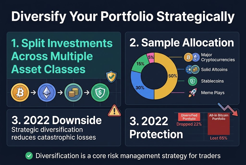 Create a full-bleed 3:2 infographic illustration with a clean modern finance style, dark navy background with teal, blue, gold, and green accents, bold sans-serif typography, high contrast, professional vector graphics.

Top header across the full width: large bold white title text: "Diversify Your Portfolio Strategically"

Below the title, arrange the content in three wide horizontal sections across the canvas, not a vertical poster.

Left wide section: a large heading in teal text: "1. Split Investments Across Multiple Asset Classes"
Under it, show a horizontal chain of four colorful asset icons with arrows between them: Bitcoin coin icon, Ethereum diamond icon, altcoin stack icon, stablecoin shield icon. Add a small risk shield icon beside the section. Include a short subtitle in white text: "Strategic diversification reduces catastrophic losses"

Center wide section: a bold heading in white text: "2. Sample Allocation"
Show a large donut chart or segmented portfolio wheel labeled with exact percentages and color-coded slices:
- gold slice: "50% Major Cryptocurrencies"
- blue slice: "30% Solid Altcoins"
- green slice: "15% Stablecoins"
- pink slice: "5% Meme Plays"
Place matching labels with small icons: Bitcoin/Ethereum icons for major cryptocurrencies, altcoin network icon for solid altcoins, stablecoin shield icon for stablecoins, rocket or playful meme icon for meme plays.

Right wide section: a bold heading in white text: "3. 2022 Downside Protection"
Show a side-by-side comparison chart with two downward bars or line panels:
Left panel label in red: "Diversified Portfolio" and below it "Dropped 22%"
Right panel label in darker red: "All-in Bitcoin Portfolio" and below it "Lost 65%"
Add a small warning triangle icon near the comparison and a downward market arrow graphic.

Bottom band across the full width: include a short concluding line in white text with a green check icon: "Diversification is a core risk management strategy for traders"

Use clean spacing, aligned blocks, subtle grid texture, crisp edges, modern fintech infographic aesthetic, no people, no photo realism, only vector shapes and icons, all text exactly as written.