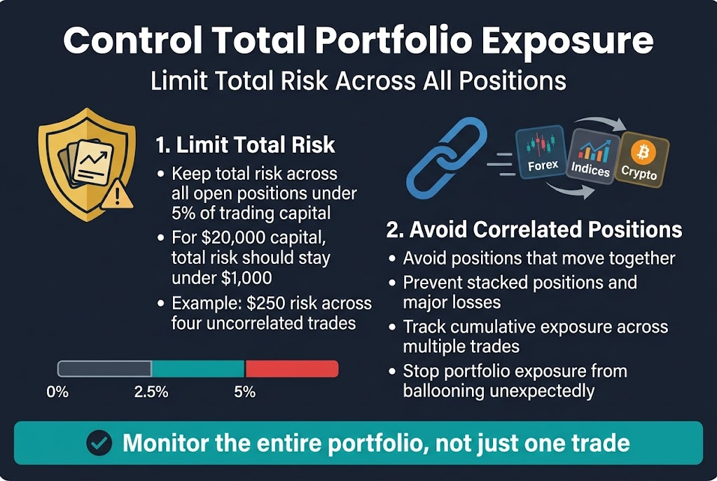 Create a clean professional full-bleed infographic in a 3:2 aspect ratio with a dark navy background, teal and gold accents, crisp white typography, and modern sans-serif fonts. Place a large bold heading across the top: "Control Total Portfolio Exposure". Under the heading, add a smaller subtitle in white: "Limit Total Risk Across All Positions".

Use a wide two-column layout with clearly separated sections.

LEFT SECTION:
Add a large gold shield icon with stacked portfolio cards and a small warning line graph.
Title this block: "1. Limit Total Risk"
Include these bullet points:
• "Keep total risk across all open positions under 5% of trading capital"
• "For $20,000 capital, total risk should stay under $1,000"
• "Example: $250 risk across four uncorrelated trades"

Show a simple horizontal risk bar beneath the bullets labeled from left to right: "0%" "2.5%" "5%". Highlight the area under 5% in teal and the area above 5% in red.

RIGHT SECTION:
Add a blue chain-link icon with several trading tiles showing Forex, indices, and crypto moving together.
Title this block: "2. Avoid Correlated Positions"
Include these bullet points:
• "Avoid positions that move together"
• "Prevent stacked positions and major losses"
• "Track cumulative exposure across multiple trades"
• "Stop portfolio exposure from ballooning unexpectedly"

At the bottom across the full width, add a bold callout band in teal with a checkmark icon and the text: "Monitor the entire portfolio, not just one trade"

Use clear numbered sections, simple icon markers, strong spacing, and a balanced horizontal infographic composition with no centered vertical stack.
