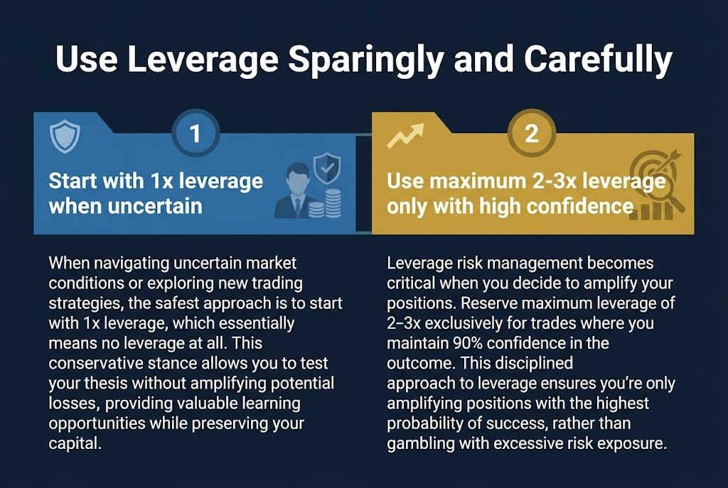 Create a clean, professional financial infographic in a 3:2 aspect ratio with a full-bleed layout and no frame. Use a dark navy background with teal and gold accents, white text, and modern sans-serif fonts. Place a large bold heading across the top center: "Use Leverage Sparingly and Carefully".

Below the heading, create two wide horizontal content blocks side by side, each with a clear number badge and icon.

Left block: a blue section with a shield icon and the number "1" in a circular badge. Add the subheading in bold: "Start with 1x leverage when uncertain". Under it, include short body text in smaller font: "When navigating uncertain market conditions or exploring new trading strategies, the safest approach is to start with 1x leverage, which essentially means no leverage at all. This conservative stance allows you to test your thesis without amplifying potential losses, providing valuable learning opportunities while preserving your capital." Include a subtle flat icon of a cautious trader or a protected coin stack.

Right block: a gold section with an upward-trend arrow icon and the number "2" in a circular badge. Add the subheading in bold: "Use maximum 2-3x leverage only with high confidence". Under it, include short body text in smaller font: "Leverage risk management becomes critical when you decide to amplify your positions. Reserve maximum leverage of 2-3x exclusively for trades where you maintain 90% confidence in the outcome. This disciplined approach to leverage ensures you're only amplifying positions with the highest probability of success, rather than gambling with excessive risk exposure." Include a flat icon of a target or a magnifying glass over rising bars.

Add a thin divider line between the two blocks. Use strong visual hierarchy, with the headline largest, subheadings medium-bold, and body text smaller and readable. Keep the overall layout wide, balanced, and uncluttered, with ample space and crisp infographic styling.