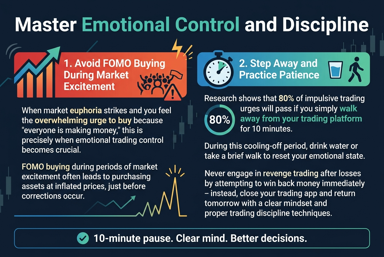 Create a clean, modern full-bleed infographic in a 3:2 aspect ratio with a professional trading/finance style. Use a dark navy background with teal, blue, white, and yellow accents, crisp sans-serif fonts, strong hierarchy, and high contrast. Place a bold large title across the top: "Master Emotional Control and Discipline".

Below the title, arrange two wide horizontal content sections in a balanced two-column layout, not a vertical poster.

Left section:
A red/orange warning block with a large upward market chart icon and a crowd/euphoria icon. Headline text: "1. Avoid FOMO Buying During Market Excitement"
Body text in smaller readable lines:
"When market euphoria strikes and you feel the overwhelming urge to buy because 'everyone is making money,' this is precisely when emotional trading control becomes crucial."
"FOMO buying during periods of market excitement often leads to purchasing assets at inflated prices, just before corrections occur."
Add a small warning triangle icon and a price spike graphic.

Right section:
A blue/green calm block with a stopwatch icon, water glass icon, and walking figure icon. Headline text: "2. Step Away and Practice Patience"
Body text in smaller readable lines:
"Research shows that 80% of impulsive trading urges will pass if you simply walk away from your trading platform for 10 minutes."
"During this cooling-off period, drink water or take a brief walk to reset your emotional state."
"Never engage in revenge trading after losses by attempting to win back money immediately – instead, close your trading app and return tomorrow with a clear mindset and proper trading discipline techniques."
Highlight "80%" in large bold type inside a circular badge.

At the bottom, add a slim full-width takeaway bar with a checkmark icon and the text: "10-minute pause. Clear mind. Better decisions."

Use subtle chart lines, candlestick silhouettes, and motion/pressure cues around the warning section, and calm open space around the patience section. Keep all text legible, evenly spaced, and aligned to the wide layout.