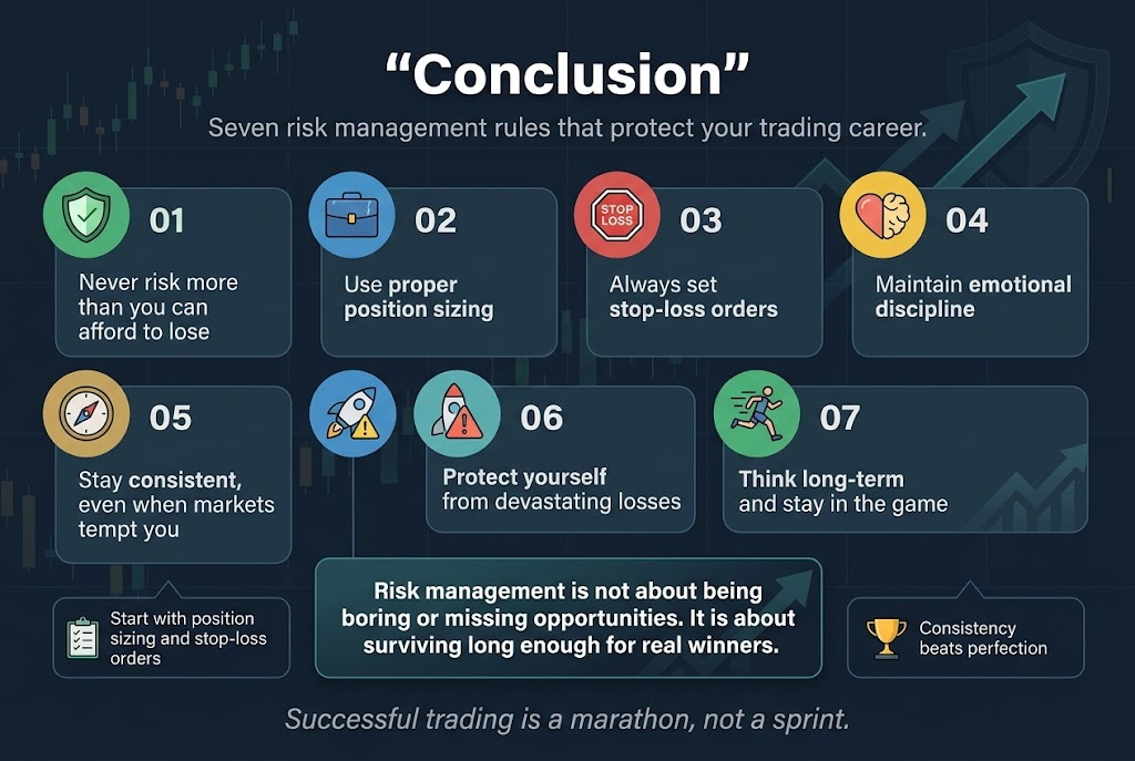 Create a full-bleed 3:2 infographic illustration with a clean professional trading-finance style, dark navy background with teal, blue, green, and gold accents, subtle grid and chart-line texture, modern sans-serif typography, strong visual hierarchy.

Top center: large bold white heading in quotes, "Conclusion". Directly beneath it, smaller subtitle in light gray text: "Seven risk management rules that protect your trading career."

Main layout: a wide 2-row, 4-column grid of seven rounded rectangular panels across the center and lower half, each panel with a colored circular icon at the top-left and a numbered label in bold.

Panel 1: number "01" with a green shield icon, text: "Never risk more than you can afford to lose"
Panel 2: number "02" with a blue portfolio icon, text: "Use proper position sizing"
Panel 3: number "03" with a red stop-loss badge icon, text: "Always set stop-loss orders"
Panel 4: number "04" with a yellow heart-and-brain icon, text: "Maintain emotional discipline"
Panel 5: number "05" with a compass icon, text: "Stay consistent, even when markets tempt you"
Panel 6: number "06" with a rocket-and-warning icon, text: "Protect yourself from devastating losses"
Panel 7: number "07" with a marathon runner icon, text: "Think long-term and stay in the game"

Center-bottom wide banner in a darker accent box with a subtle upward chart arrow: bold white text, "Risk management is not about being boring or missing opportunities. It is about surviving long enough for real winners."

Bottom left small callout box with checklist icon and text: "Start with position sizing and stop-loss orders"
Bottom right small callout box with trophy icon and text: "Consistency beats perfection"

Very bottom full-width closing statement in italic light gray text: "Successful trading is a marathon, not a sprint."

Use crisp spacing, balanced alignment, and clear separation between panels. Include subtle finance visuals such as candlestick chart lines, upward arrows, and a faint defensive shield motif in the background. No frame, no poster border, no inset margins.