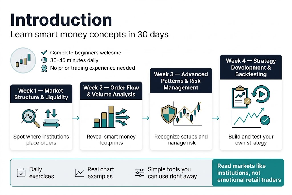 Create a clean, professional full-bleed infographic illustration in a 3:2 horizontal aspect ratio with a modern dark navy, teal, and white color palette, subtle gold accents, and crisp sans-serif typography. Place a bold large heading at the top left that reads "Introduction". Directly beneath it, add a short subtitle in smaller text: "Learn smart money concepts in 30 days". Use a wide horizontal layout with four equal weekly sections across the center of the image, connected by a thin progress line or arrows, avoiding a narrow vertical stack.

Left side near the top, include a small circular icon of a rising candlestick chart and a beginner-friendly badge, with short text blocks:
"Complete beginners welcome"
"30–45 minutes daily"
"No prior trading experience needed"

Across the middle, create four clearly labeled weekly blocks with numbered headers, each with a distinct icon and concise text:
1. "Week 1 — Market Structure & Liquidity"
   Icon: a magnifying glass over a chart and liquidity pool arrows
   Text: "Spot where institutions place orders"

2. "Week 2 — Order Flow & Volume Analysis"
   Icon: stacked volume bars and flowing arrows
   Text: "Reveal smart money footprints"

3. "Week 3 — Advanced Patterns & Risk Management"
   Icon: a shield and pattern lines on a chart
   Text: "Recognize setups and manage risk"

4. "Week 4 — Strategy Development & Backtesting"
   Icon: a clipboard, chart replay arrow, and checkmark
   Text: "Build and test your own strategy"

At the bottom, add a wide summary strip with three simple icon-and-text points spaced evenly:
"Daily exercises"
"Real chart examples"
"Simple tools you can use right away"

On the bottom right, include a final emphasis callout in a contrasting teal box:
"Read markets like institutions, not emotional retail traders"

Use strong visual hierarchy with the title largest, weekly headers medium, body text smaller, and callout text bold. Keep all text sharp, legible, and evenly aligned in a clean infographic layout with no photo backgrounds, no frame, and no inset margins.