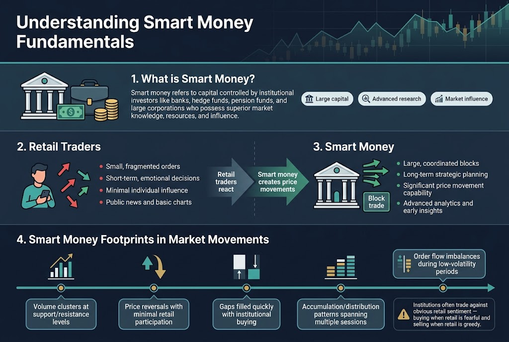 Create a clean professional infographic illustration in a 3:2 aspect ratio, full-bleed layout with no outer frame, using a modern finance theme in dark navy, teal, white, and gold accents. Use a bold sans-serif heading at the top left that reads: "Understanding Smart Money Fundamentals". Place a subtle market chart line and faint candlestick background across the top band.

Organize the infographic into three wide horizontal sections with clear visual hierarchy and small icons.

Top section: "1. What is Smart Money?"
Place a left-side icon of a bank building, a hedge fund briefcase, and stacked coins. Add a short paragraph block that reads: "Smart money refers to capital controlled by institutional investors like banks, hedge funds, pension funds, and large corporations who possess superior market knowledge, resources, and influence." Add three small callout labels with icons: "Large capital", "Advanced research", "Market influence".

Middle section split into two columns:
Left column heading: "2. Retail Traders"
Show a small icon of a single person with a phone and a few scattered small trade arrows. Under it, place four compact bullet points with red accents:
"Small, fragmented orders"
"Short-term, emotional decisions"
"Minimal individual influence"
"Public news and basic charts"

Right column heading: "3. Smart Money"
Show a large institutional building icon with grouped arrows and a large block trade rectangle. Under it, place four compact bullet points with green accents:
"Large, coordinated blocks"
"Long-term strategic planning"
"Significant price movement capability"
"Advanced analytics and early insights"

Between the two columns, place a comparison arrow flowing from retail to smart money with the text: "Retail traders react" on the left and "Smart money creates price movements" on the right.

Bottom section: "4. Smart Money Footprints in Market Movements"
Use a wide timeline-style strip with five visual markers and matching labels, each in a rounded rectangle:
- "Volume clusters at support/resistance levels" with a volume spike icon
- "Price reversals with minimal retail participation" with a reversal arrow icon
- "Gaps filled quickly with institutional buying" with a gap and fill icon
- "Accumulation/distribution patterns spanning multiple sessions" with layered bars icon
- "Order flow imbalances during low-volatility periods" with an order book imbalance icon

Add a small side note box at the bottom right with a warning-style icon and the text: "Institutions often trade against obvious retail sentiment — buying when retail is fearful and selling when retail is greedy."

Use crisp typography, strong spacing, subtle grid lines, and clean vector-style icons. Keep all text legible, evenly aligned, and visually balanced across the wide layout.