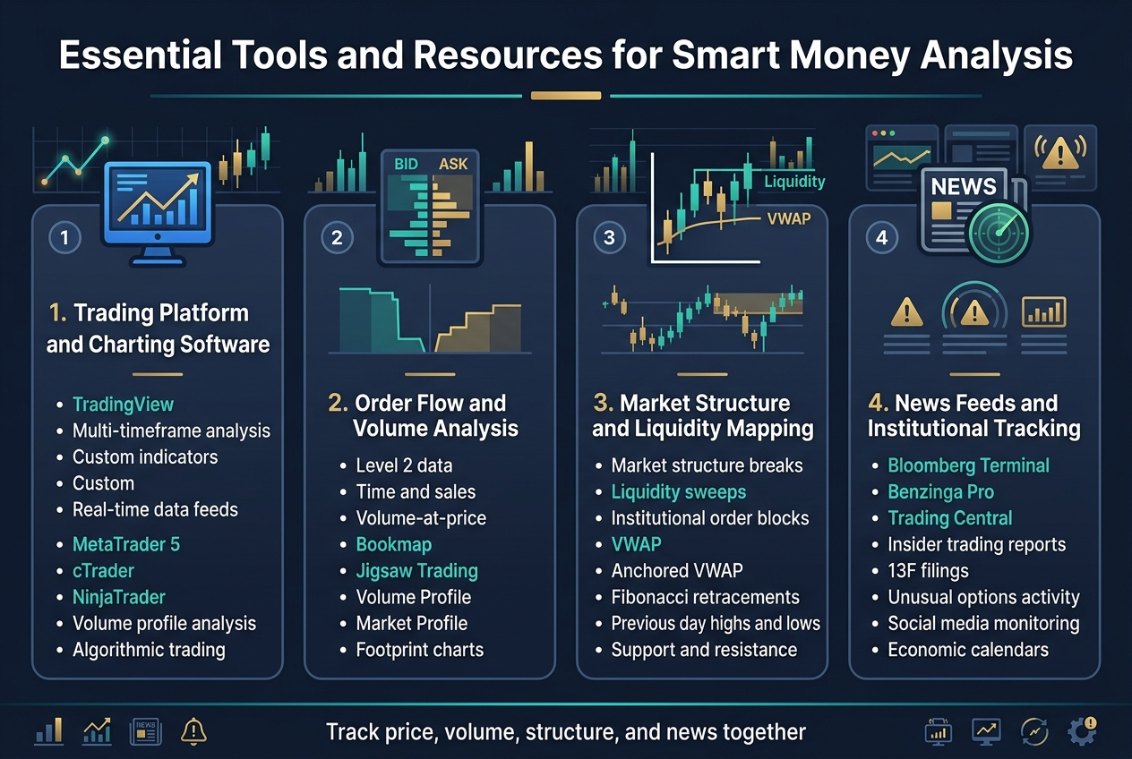 Create a full-bleed professional infographic illustration in 3:2 aspect ratio with a dark navy background, teal and gold accent colors, crisp white typography, and clean modern sans-serif fonts. Add a bold top heading centered across the width: "Essential Tools and Resources for Smart Money Analysis". Use a wide, horizontal, multi-section layout with four equal content blocks across the middle and lower area, each with a numbered circle, a clear icon, a subheading, and short bullet points. Keep spacing balanced and organized, with subtle grid lines, chart motifs, and financial dashboard styling.

Top section:
- Large title centered at the top in bold white text.
- A thin teal line and small gold accent bars beneath the title.

Middle section, four side-by-side blocks:
1) Left block with a blue chart-screen icon and the subheading in white text: "1. Trading Platform and Charting Software"
   Include bullet text:
   - "TradingView"
   - "Multi-timeframe analysis"
   - "Custom indicators"
   - "Real-time data feeds"
   - "MetaTrader 5"
   - "cTrader"
   - "NinjaTrader"
   - "Volume profile analysis"
   - "Algorithmic trading"

2) Second block with a bid-ask order book icon and the subheading: "2. Order Flow and Volume Analysis"
   Include bullet text:
   - "Level 2 data"
   - "Time and sales"
   - "Volume-at-price"
   - "Bookmap"
   - "Jigsaw Trading"
   - "Volume Profile"
   - "Market Profile"
   - "Footprint charts"

3) Third block with a candlestick chart, liquidity sweep, and VWAP line icon and the subheading: "3. Market Structure and Liquidity Mapping"
   Include bullet text:
   - "Market structure breaks"
   - "Liquidity sweeps"
   - "Institutional order blocks"
   - "VWAP"
   - "Anchored VWAP"
   - "Fibonacci retracements"
   - "Previous day highs and lows"
   - "Support and resistance"

4) Right block with a news ticker and radar icon and the subheading: "4. News Feeds and Institutional Tracking"
   Include bullet text:
   - "Bloomberg Terminal"
   - "Benzinga Pro"
   - "Trading Central"
   - "Insider trading reports"
   - "13F filings"
   - "Unusual options activity"
   - "Social media monitoring"
   - "Economic calendars"

Bottom strip:
- A wide footer bar with small supporting icons for data, charts, news, and alerts.
- Add a concise closing line centered in the footer: "Track price, volume, structure, and news together"

Design details:
- Use white text for body copy, teal for key terms, and gold for highlights.
- Each block should have a subtle rounded rectangle panel with a slightly lighter navy tone.
- Use thin divider lines between sections.
- Include small glowing chart lines, candlesticks, volume bars, order book depth bars, and news alert symbols as decorative background elements.
- Keep the layout clean, legible, and businesslike, with no photo realism.