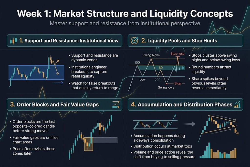 Create a full-bleed 3:2 infographic in a clean modern financial style with a dark navy background, teal and amber accent colors, white text, subtle grid lines, and thin glowing chart lines. Place a large bold title across the top center: "Week 1: Market Structure and Liquidity Concepts". Under the title, add a smaller subtitle centered: "Master support and resistance from institutional perspective".

Arrange the main content in four wide horizontal sections or a 2x2 grid across the canvas, with clear spacing and strong visual hierarchy. Use bold numbered section labels, simple icons, and mini price-chart illustrations in each section.

Section 1 on the upper left:
Bold heading: "1. Support and Resistance: Institutional View"
Add a blue horizontal range chart with a false breakout spike and reversal arrow.
Include short bullet text:
"• Support and resistance are dynamic zones"
"• Institutions engineer breakouts to capture retail liquidity"
"• Watch for false breakouts that quickly return to range"
Add a small candlestick icon and liquidity sweep arrow.

Section 2 on the upper right:
Bold heading: "2. Liquidity Pools and Stop Hunts"
Add a chart with swing highs, swing lows, round-number markers, and a sharp wick sweep above a level.
Include short bullet text:
"• Stops cluster above swing highs and below swing lows"
"• Round numbers attract liquidity"
"• Sharp spikes beyond obvious levels often reverse immediately"
Add a target icon and stop-loss markers around obvious highs and lows.

Section 3 on the lower left:
Bold heading: "3. Order Blocks and Fair Value Gaps"
Add a price chart showing a strong impulsive move, a highlighted last opposite-colored candle, and a visible gap zone.
Include short bullet text:
"• Order blocks are the last opposite-colored candle before strong moves"
"• Fair value gaps are unfilled chart areas"
"• Price often revisits these zones later"
Add a boxed highlight around the order block and a transparent gap rectangle.

Section 4 on the lower right:
Bold heading: "4. Accumulation and Distribution Phases"
Add a sideways consolidation range transforming into an upward move on one side and a topping/distribution pattern on the other.
Include short bullet text:
"• Accumulation happens during sideways consolidation"
"• Distribution occurs at market tops"
"• Volume and price action reveal the shift from buying to selling pressure"
Add a stacked volume histogram and subtle arrows showing build-up and sell-off.

Use clear section dividers, consistent typography, bold numbered labels, and small market-style icons such as candlesticks, arrows, liquidity pools, stop markers, and volume bars. Keep the layout wide, balanced, and uncluttered, with strong contrast and polished trading-education infographic styling.
