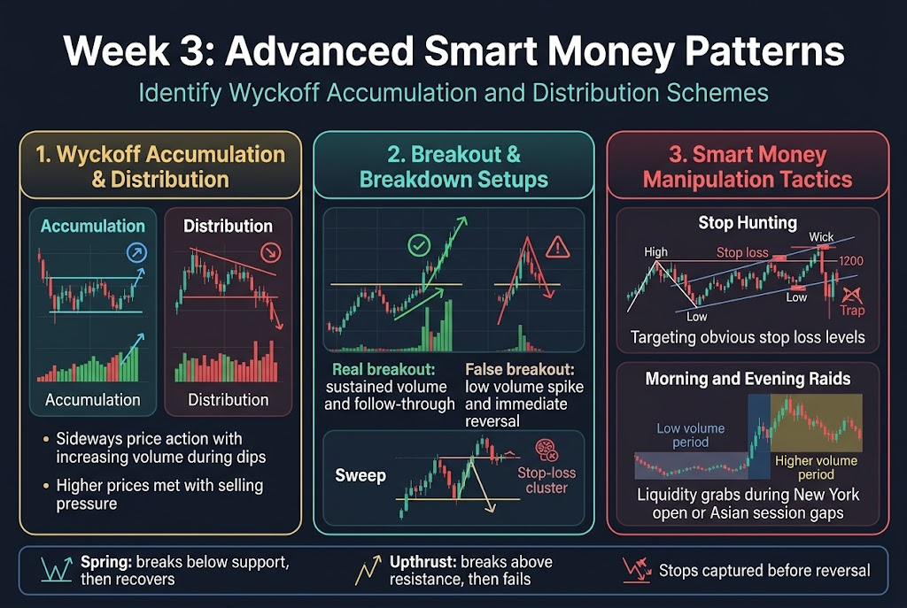 Create a clean professional finance infographic in a 3:2 aspect ratio, full-bleed wide layout with no inset frame, no vertical poster stack. Use a dark navy background with teal, gold, white, and red accents. Use modern sans-serif fonts with a bold headline at the top and clear section hierarchy.

Top center:
Large bold title in white text: "Week 3: Advanced Smart Money Patterns"
Small subtitle beneath in light teal: "Identify Wyckoff Accumulation and Distribution Schemes"

Main layout: three wide horizontal sections across the page, each in a separate rounded rectangle panel with subtle gradients and thin neon outlines. Use clear icons and chart symbols in each panel.

Left panel:
Header in gold: "1. Wyckoff Accumulation & Distribution"
Include two side-by-side mini charts:
- Left mini chart labeled "Accumulation" with sideways price action, green volume bars increasing on dips, and a small blue circle icon with an upward arrow.
- Right mini chart labeled "Distribution" with sideways-to-topping price action, red volume bars near highs, and a small red circle icon with a downward arrow.
Add two bullet lines in white text:
- "Sideways price action with increasing volume during dips"
- "Higher prices met with selling pressure"

Center panel:
Header in teal: "2. Breakout & Breakdown Setups"
Show a price chart with two highlighted examples:
- A green breakout line above resistance with a large green volume spike and a checkmark icon
- A red false breakout line that spikes up and quickly reverses with a warning triangle icon
Include two labels in white text:
- "Real breakout: sustained volume and follow-through"
- "False breakout: low volume spike and immediate reversal"
Add a small sweep illustration with price briefly crossing a key level, then reversing, and a stop-loss cluster icon near the level.

Right panel:
Header in red: "3. Smart Money Manipulation Tactics"
Split into two stacked sub-blocks:
Top sub-block title: "Stop Hunting"
Show obvious stop loss markers near round numbers, previous highs/lows, and trend lines, with a sharp wick spike and a trap icon.
Add text: "Targeting obvious stop loss levels"
Bottom sub-block title: "Morning and Evening Raids"
Show a low-volume session band labeled "Low volume period" and a price push against a key level, then a reversal during a brighter band labeled "Higher volume period"
Add text: "Liquidity grabs during New York open or Asian session gaps"

Bottom band across full width:
Three small icon callouts with labels in white:
- A spring formation icon with text: "Spring: breaks below support, then recovers"
- An upthrust formation icon with text: "Upthrust: breaks above resistance, then fails"
- A liquidity grab icon with text: "Stops captured before reversal"

Visual style:
- Use crisp trading chart lines, candlestick-like price movement, arrows, stop-loss markers, volume bars, support and resistance lines
- Use subtle grid lines in charts
- Make section headers bold and highly legible
- Keep all text short, organized, and readable
- Use teal for accumulation, gold for key institutional areas, green for bullish confirmations, and red for traps and reversals
