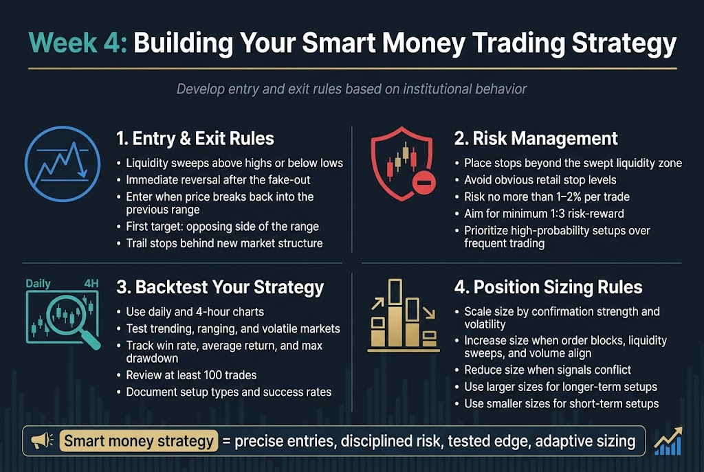 Create a clean, professional full-bleed infographic in 3:2 aspect ratio with a modern financial theme, dark navy background, teal, blue, white, and gold accents, crisp sans-serif fonts, subtle chart-grid texture, and strong visual hierarchy. Place a bold title across the top: "Week 4: Building Your Smart Money Trading Strategy". Use a wide horizontal layout with four main sections arranged in a 2x2 grid across the center, each with a numbered heading, a matching icon, and short bullet points. 

Top header area: large title centered-left, with a thin gold line underneath. Add a small subtitle beneath the title in lighter text: "Develop entry and exit rules based on institutional behavior".

Section 1 on upper left: a blue circular icon showing a price line sweeping above a recent high and reversing sharply. Heading: "1. Entry & Exit Rules". Include bullets: "Liquidity sweeps above highs or below lows", "Immediate reversal after the fake-out", "Enter when price breaks back into the previous range", "First target: opposing side of the range", "Trail stops behind new market structure".

Section 2 on upper right: a red shield icon with a stop marker and a price candle cluster. Heading: "2. Risk Management". Include bullets: "Place stops beyond the swept liquidity zone", "Avoid obvious retail stop levels", "Risk no more than 1–2% per trade", "Aim for minimum 1:3 risk-reward", "Prioritize high-probability setups over frequent trading".

Section 3 on lower left: a teal magnifying glass over a multi-timeframe chart with daily and 4H labels. Heading: "3. Backtest Your Strategy". Include bullets: "Use daily and 4-hour charts", "Test trending, ranging, and volatile markets", "Track win rate, average return, and max drawdown", "Review at least 100 trades", "Document setup types and success rates".

Section 4 on lower right: a gold stacked position-size bars icon with ascending and descending bars. Heading: "4. Position Sizing Rules". Include bullets: "Scale size by confirmation strength and volatility", "Increase size when order blocks, liquidity sweeps, and volume align", "Reduce size when signals conflict", "Use larger sizes for longer-term setups", "Use smaller sizes for short-term setups".

Add a bottom horizontal takeaway bar spanning the width of the infographic with a highlighted callout box and a small lightning-bolt chart icon. Text in the bar: "Smart money strategy = precise entries, disciplined risk, tested edge, adaptive sizing". Use clean spacing, aligned icons, thin divider lines between sections, and a polished institutional-trading aesthetic.