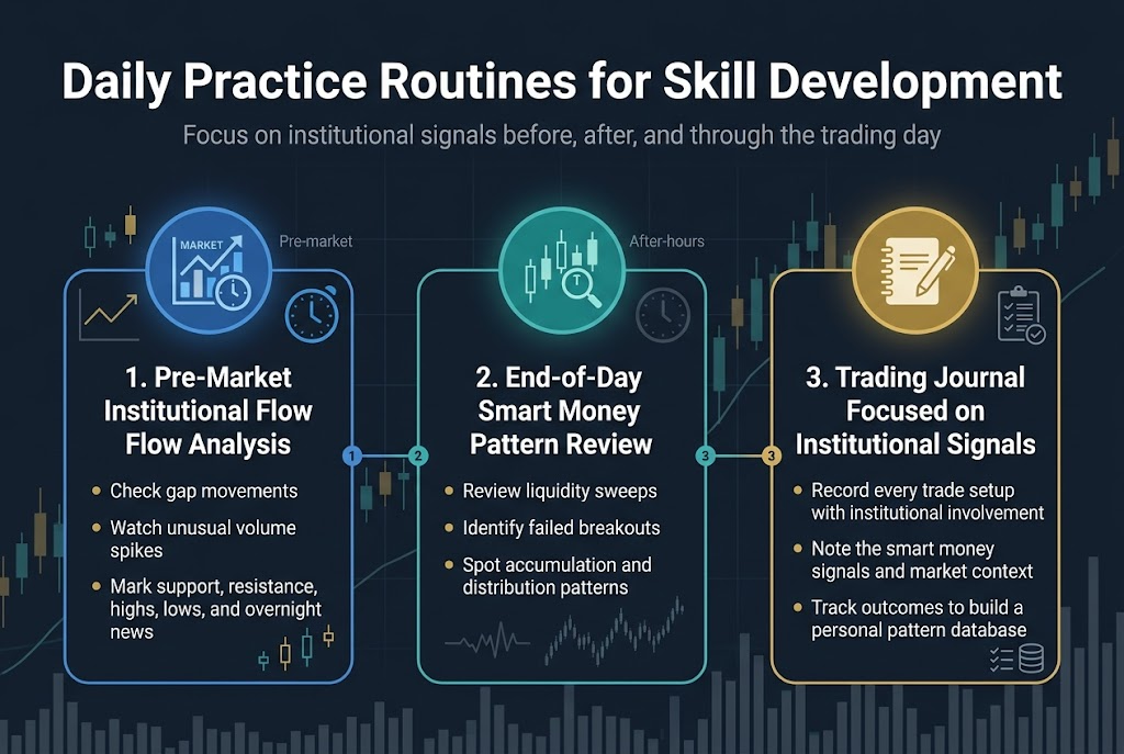 Create a clean, professional full-bleed infographic in a 3:2 aspect ratio with a dark navy background, teal and gold accents, and white typography. Use a wide horizontal layout with three main sections arranged left to right, each in a rounded rectangular block with subtle glow edges. Add a bold title centered across the top in large white sans-serif text: "Daily Practice Routines for Skill Development". Include a small subtitle beneath in light gray: "Focus on institutional signals before, after, and through the trading day".

Left section: "1. Pre-Market Institutional Flow Analysis" with a blue circular icon showing a market chart and pre-market clock. Under the heading, include 3 short bullet points with small gold markers:
"• Check gap movements"
"• Watch unusual volume spikes"
"• Mark support, resistance, highs, lows, and overnight news"
Add small chart lines, arrows, and candlestick symbols around the block.

Center section: "2. End-of-Day Smart Money Pattern Review" with a teal circular icon showing a candlestick chart and magnifying glass. Under the heading, include 3 short bullet points:
"• Review liquidity sweeps"
"• Identify failed breakouts"
"• Spot accumulation and distribution patterns"
Include a subtle after-hours clock icon and price-action waveform graphics.

Right section: "3. Trading Journal Focused on Institutional Signals" with a gold circular icon showing a notebook and pen. Under the heading, include 3 short bullet points:
"• Record every trade setup with institutional involvement"
"• Note the smart money signals and market context"
"• Track outcomes to build a personal pattern database"
Add a small journal page, checklist, and database icon motif.

Connect the three sections with a thin horizontal line and small numbered markers. Use clear hierarchy: large title at top, medium bold section headings, smaller bullet text. Add faint background elements of candlestick charts, grid lines, and volume bars across the full width. Keep the composition balanced, modern, and highly legible.