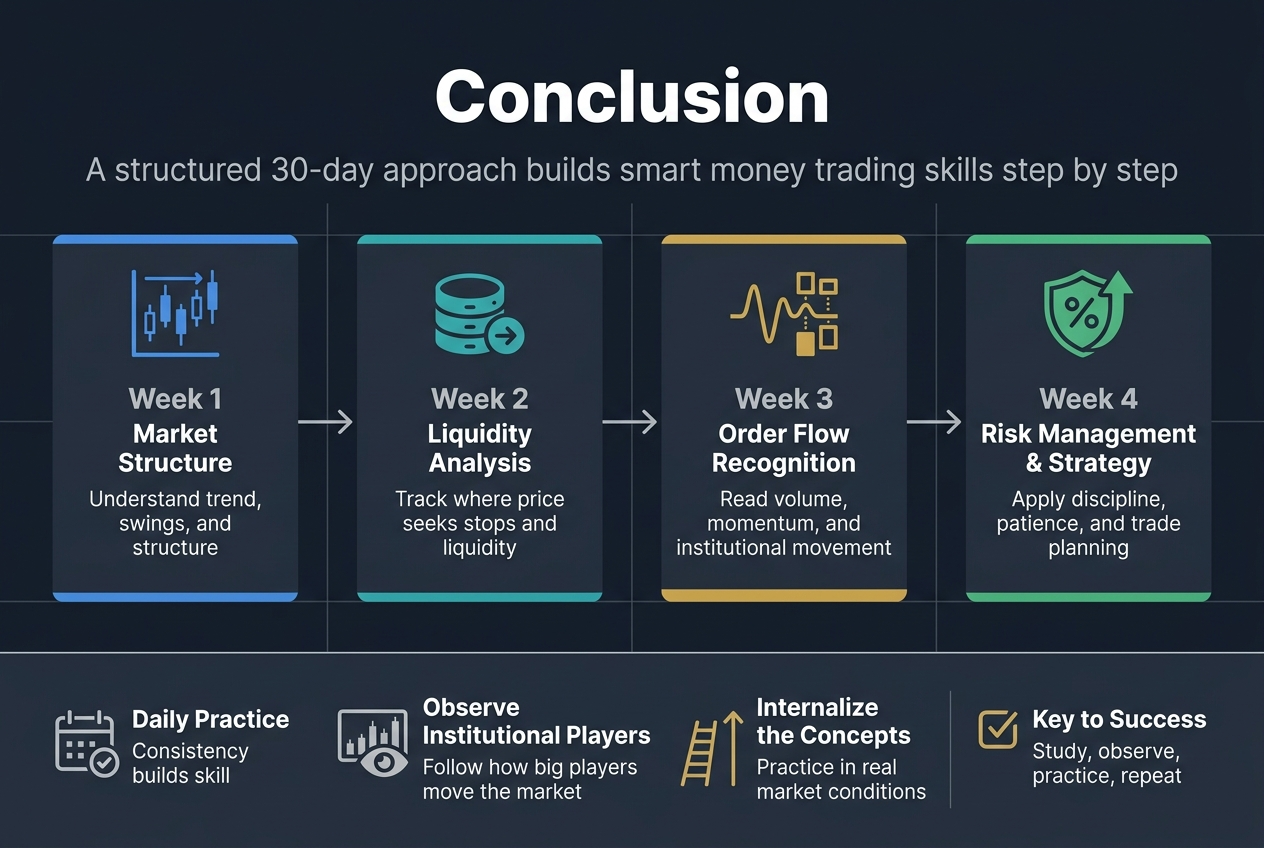 Create a clean professional infographic illustration in a 3:2 aspect ratio, full-bleed layout, wide horizontal composition, no inset frame, no vertical poster stack. Use a modern dark navy background with teal, gold, white, and light gray accents. Use bold sans-serif typography with strong visual hierarchy.

Top center: large bold heading in white text: "Conclusion"

Below the heading, place a wide subtitle line in smaller light gray text: "A structured 30-day approach builds smart money trading skills step by step"

Main center area: a left-to-right 4-step horizontal timeline with connected arrows and four evenly spaced rectangular blocks, each with a distinct icon and colored accent strip.

Block 1 on the left: blue icon of a market chart with candlesticks. Text:
"Week 1"
"Market Structure"
"Understand trend, swings, and structure"

Block 2 left-center: teal icon of stacked liquidity pools with an arrow. Text:
"Week 2"
"Liquidity Analysis"
"Track where price seeks stops and liquidity"

Block 3 right-center: gold icon of a waveform and order blocks. Text:
"Week 3"
"Order Flow Recognition"
"Read volume, momentum, and institutional movement"

Block 4 on the right: green icon of a shield with a percent sign and upward arrow. Text:
"Week 4"
"Risk Management & Strategy"
"Apply discipline, patience, and trade planning"

Bottom wide band across the page with three icon-text callouts arranged in a row:
Left callout: calendar/check icon, text in bold:
"Daily Practice"
"Consistency builds skill"

Center callout: eye icon watching a large market chart, text in bold:
"Observe Institutional Players"
"Follow how big players move the market"

Right callout: upward path or ladder icon, text in bold:
"Internalize the Concepts"
"Practice in real market conditions"

Add a small bottom-right highlight box with a checkmark icon and bold text:
"Key to Success"
"Study, observe, practice, repeat"

Keep all text crisp, clearly legible, and aligned neatly. Use subtle grid lines and thin dividers for organization. Ensure the layout feels balanced and spacious, with strong left-to-right flow and clear infographic readability.