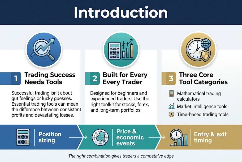 Create a full-bleed 3:2 landscape infographic illustration with a clean, professional financial design in navy blue, teal, white, and subtle gold accents. Use modern sans-serif fonts with strong visual hierarchy.
Top header across the full width: bold large title text in white on a dark navy banner: "Introduction"
Below the header, arrange three wide horizontal content blocks in a clean 3-column layout across the center of the page, each with a large icon, a numbered label, a bold subheading, and short body text.
Left block:
- Blue circular icon with a magnifying glass and upward chart line
- Number label: "1"
- Subheading: "Trading Success Needs Tools"
- Body text: "Successful trading isn't about gut feelings or lucky guesses. Essential trading tools can mean the difference between consistent profits and devastating losses."
Center block:
- Teal circular icon with a calculator and market chart bars
- Number label: "2"
- Subheading: "Built for Every Trader"
- Body text: "Designed for beginners and experienced traders. Use the right toolkit for stocks, forex, and long-term portfolios."
Right block:
- Gold circular icon with a clock, globe, and shield
- Number label: "3"
- Subheading: "Three Core Tool Categories"
- Body text arranged as three compact bullet lines with small icons:
"Mathematical trading calculators"
"Market intelligence tools"
"Time-based trading tools"
Along the bottom, add a wide segmented strip with three icon+label tiles connected by thin arrows left to right:
- Tile 1 icon: calculator, label: "Position sizing"
- Tile 2 icon: radar chart, label: "Price & economic events"
- Tile 3 icon: clock and session bars, label: "Entry & exit timing"
Include a small footer note centered at the very bottom in light text: "The right combination gives traders a competitive edge"
Use crisp lines, subtle gradients, soft shadows, and plenty of spacing. Keep all text highly legible and aligned. No borders or poster frame.