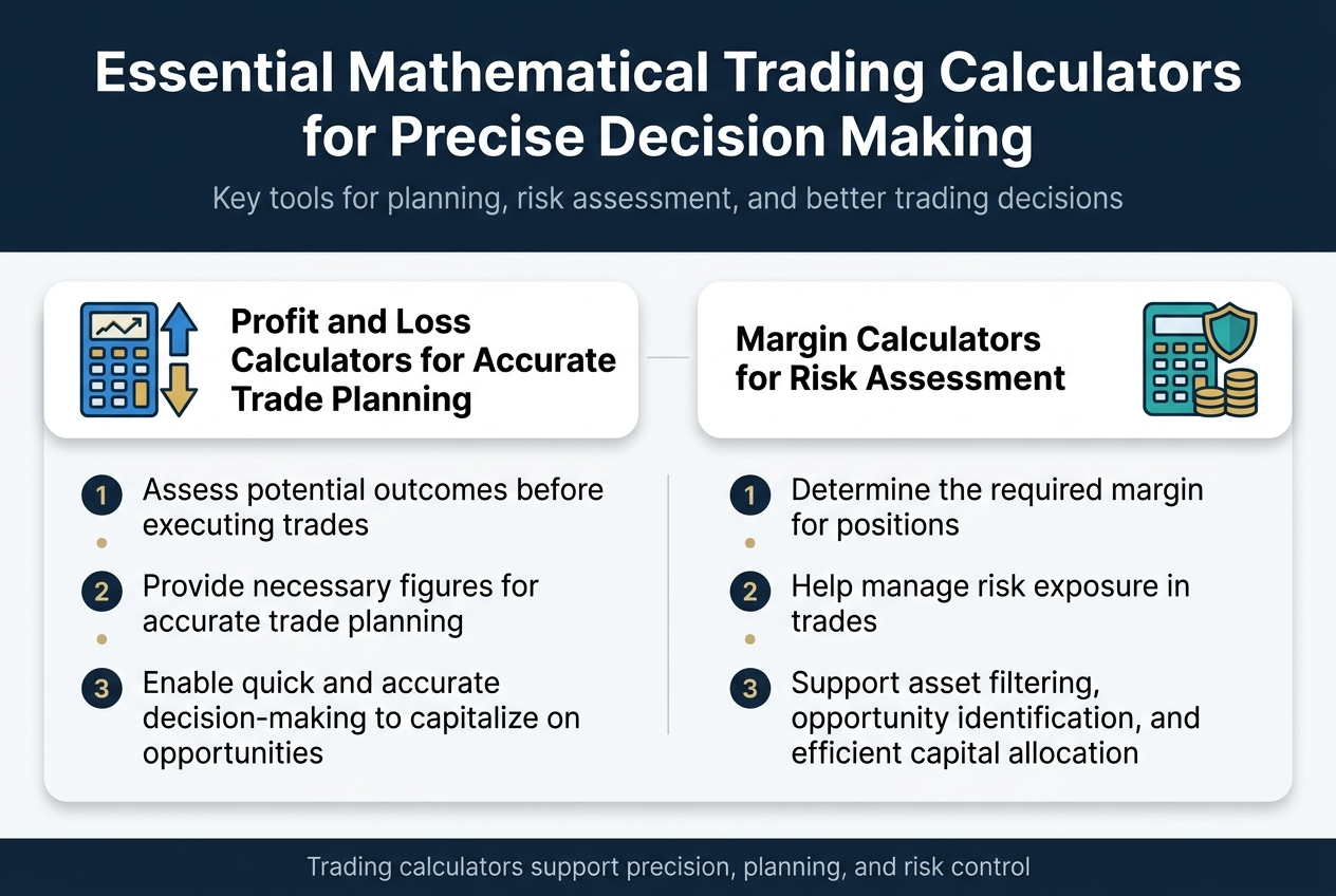 Create a clean professional infographic illustration in a 3:2 aspect ratio, full-bleed layout with no frame or inset margins, using a modern fintech style with deep navy, teal, white, and gold accents.
Top header area across the full width:
Bold large title text: "Essential Mathematical Trading Calculators for Precise Decision Making"
Small subtitle beneath in lighter text: "Key tools for planning, risk assessment, and better trading decisions"
Main body in two wide horizontal sections side by side, each in a rounded rectangular block with subtle shadows:
Left section titled in bold: "Profit and Loss Calculators for Accurate Trade Planning"
Include a blue and gold icon of a calculator with an upward and downward arrow and a line chart.
Under the title, add three numbered bullet points with small circular markers:
1. "Assess potential outcomes before executing trades"
2. "Provide necessary figures for accurate trade planning"
3. "Enable quick and accurate decision-making to capitalize on opportunities"
Right section titled in bold: "Margin Calculators for Risk Assessment"
Include a teal and gold icon of a calculator with a shield and stacked coins.
Under the title, add three numbered bullet points with small circular markers:
1. "Determine the required margin for positions"
2. "Help manage risk exposure in trades"
3. "Support asset filtering, opportunity identification, and efficient capital allocation"
Add a thin center divider line between the two sections. Use clean sans-serif fonts, strong hierarchy, ample spacing, and crisp infographic icons. Place the title at the top center, the two content blocks across the middle, and a small footer strip at the bottom with the text: "Trading calculators support precision, planning, and risk control"